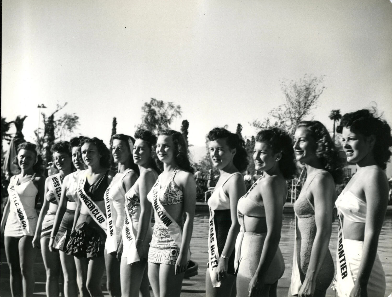 Beauty Pageant Contestants in Swimsuits with Sponsor Sashes, Likely Helldorado Days, Las Vegas, c. 1949