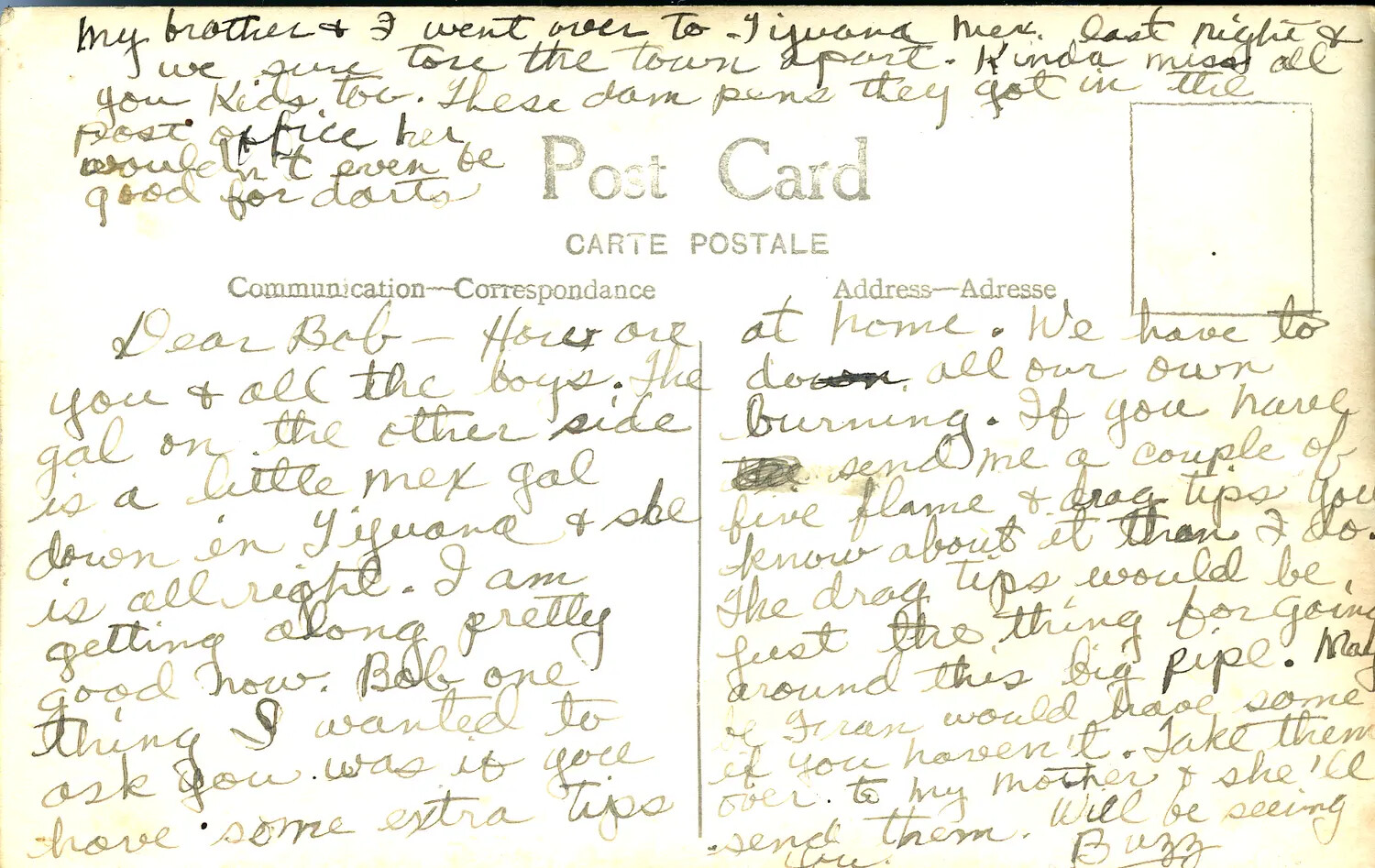 Handwritten Postcard Correspondence to 'Bob' from 'Buzz' — WWII-Era Personal Letter (Verso)