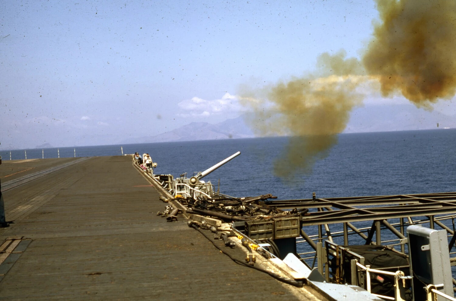 USS Ticonderoga 5-inch Gun Mount Firing, Vietnam War Era, 35mm Color Slide