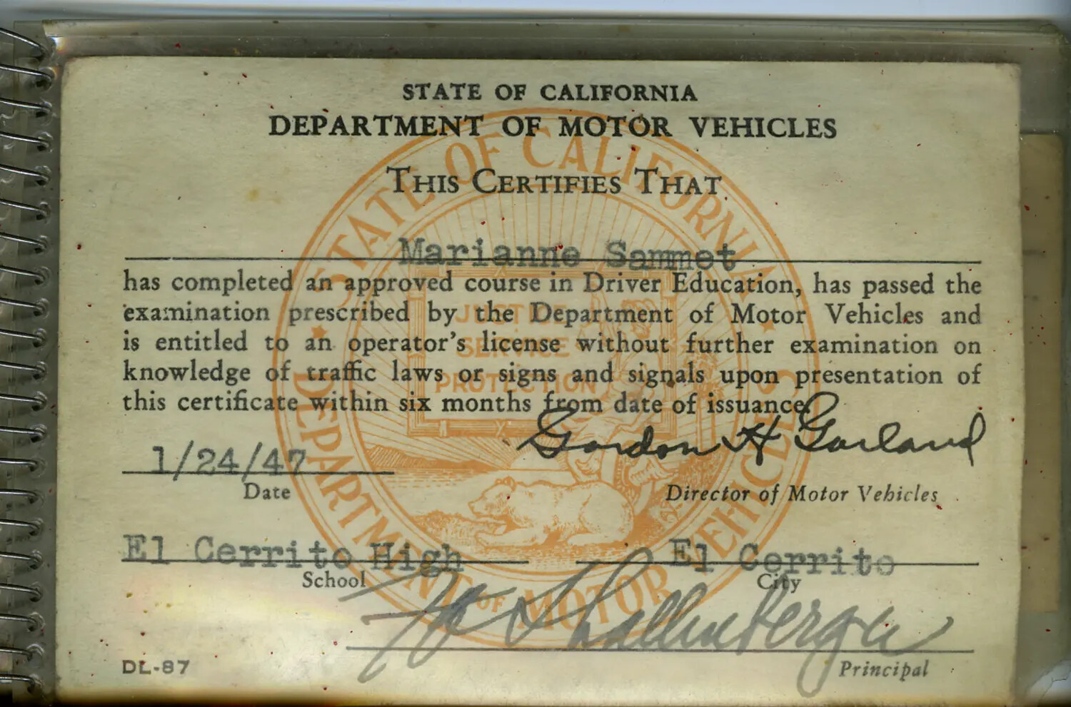 California DMV Driver Education Certificate for Marianne Sammet, El Cerrito High School, January 24, 1947