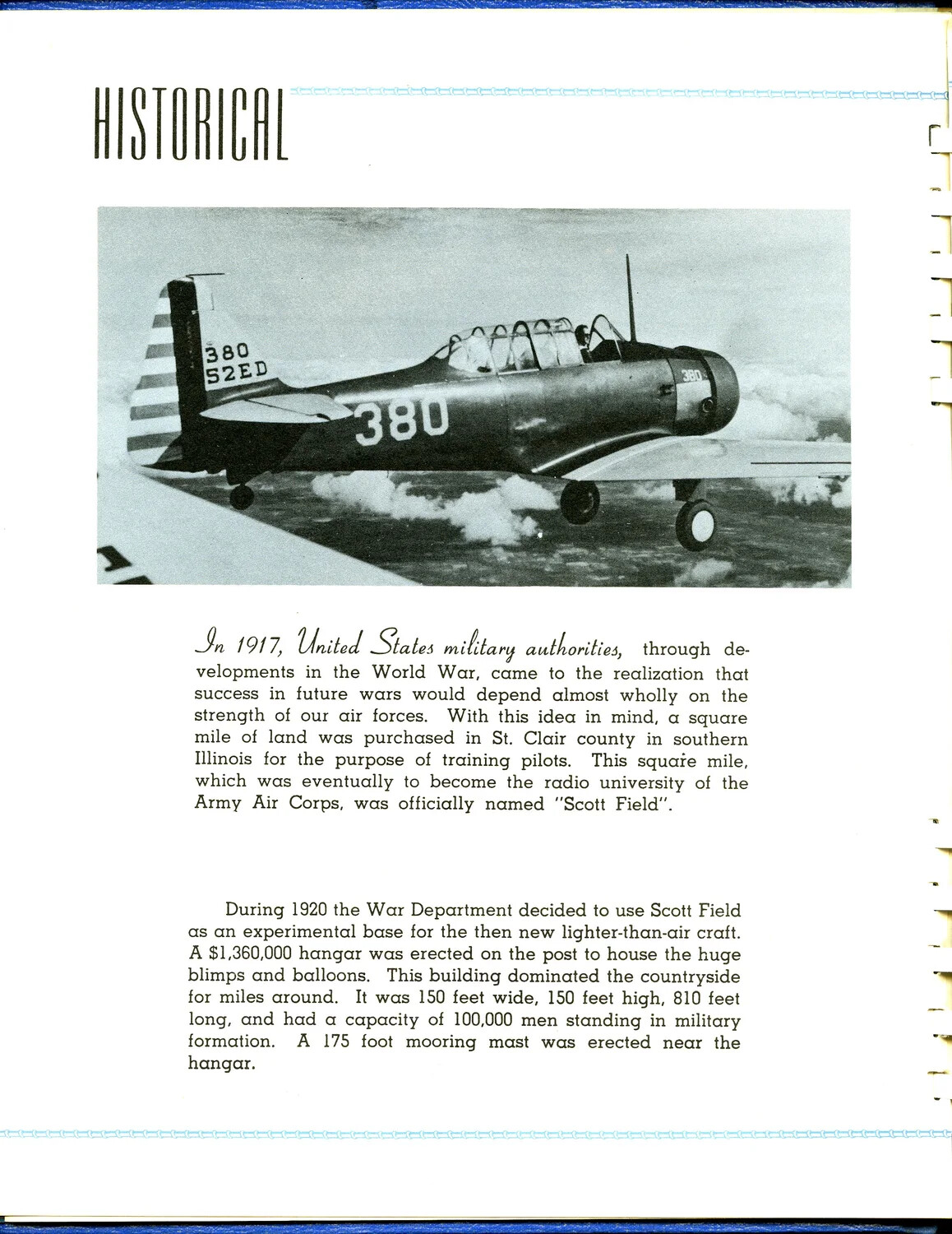 'Historical' Page from a Scott Field Publication Featuring an AT-6 Texan Trainer and Base History Narrative