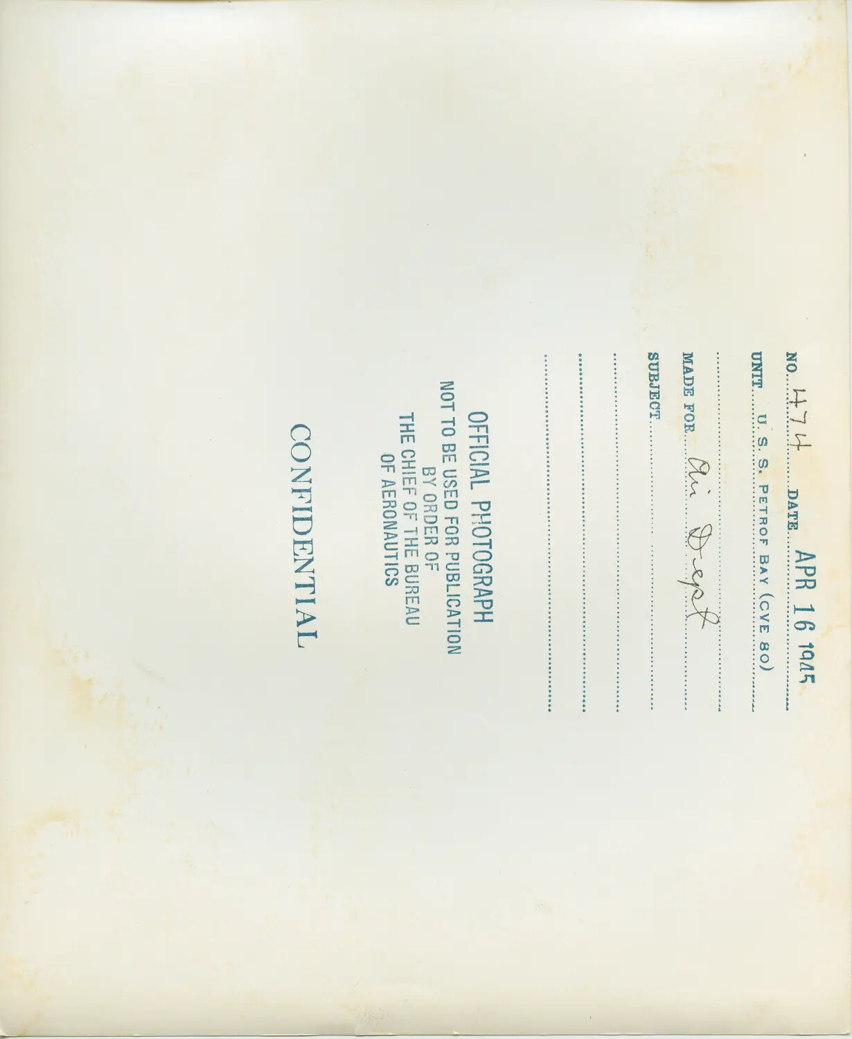 Caption Card, Official U.S. Navy Photograph No. 474, USS Petrof Bay (CVE-80), 16 April 1945 (Subject Unrecorded)