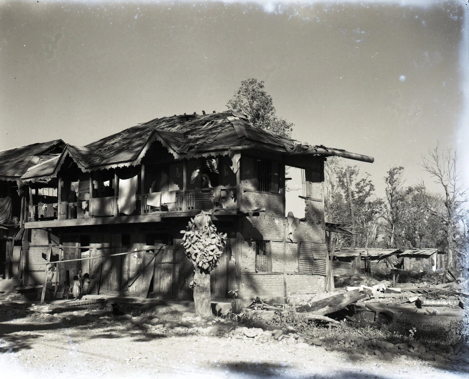 War-Damaged Building with Children, China-Burma Theater, WWII Squadron Collection