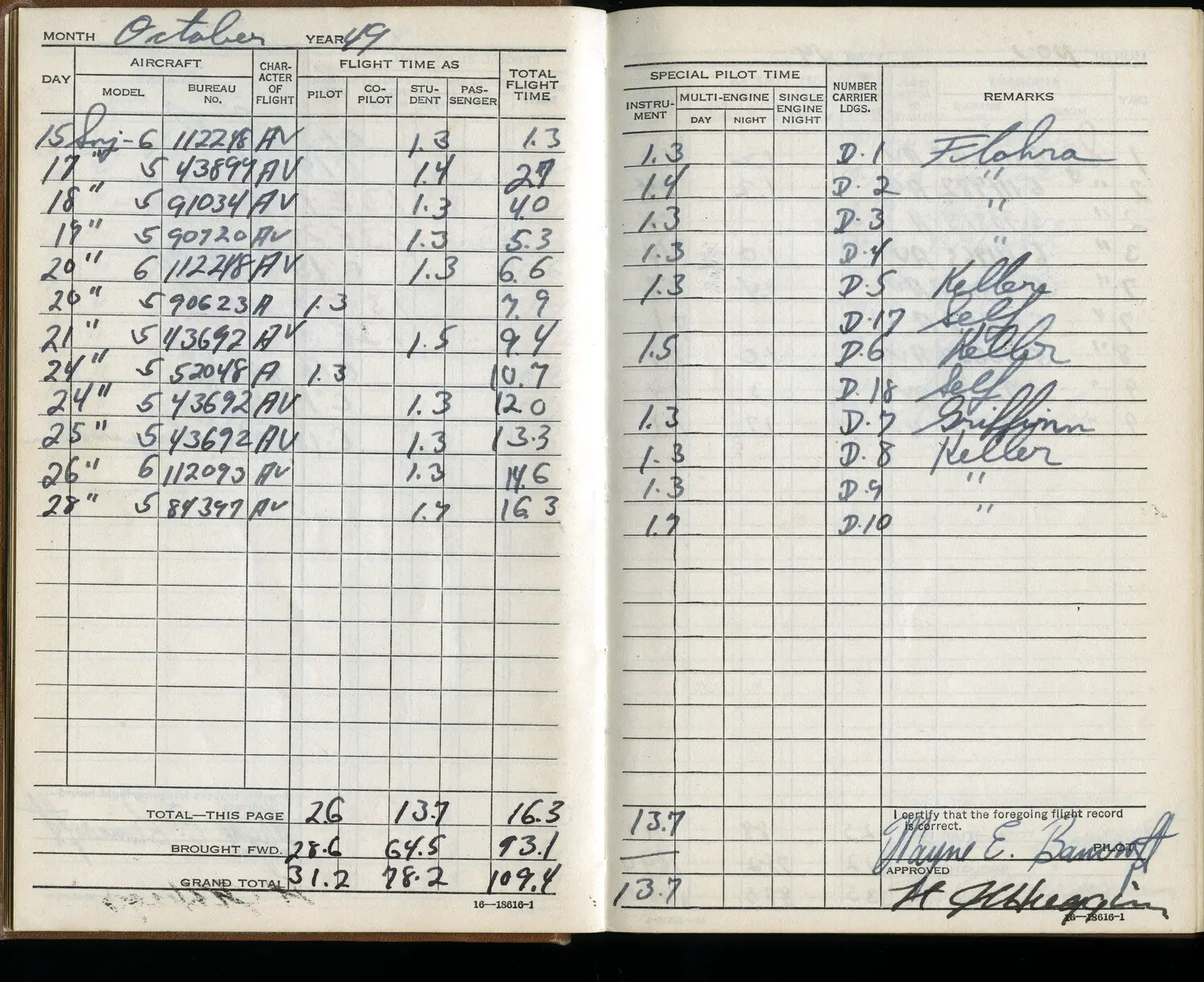 U.S. Navy Aviator Flight Logbook Pages, October 1949 — Lt. Wayne E. Bancroft, SNJ Trainer Carrier Qualification Entries