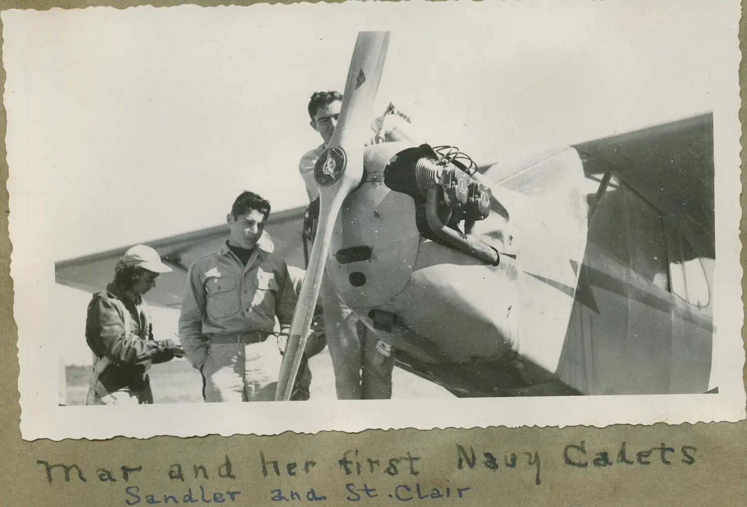 Civilian Instructor 'Mar' with Naval Aviation Cadets Sandler and St. Clair Beside Trainer Aircraft Engine – V-5 Program, WWII Era