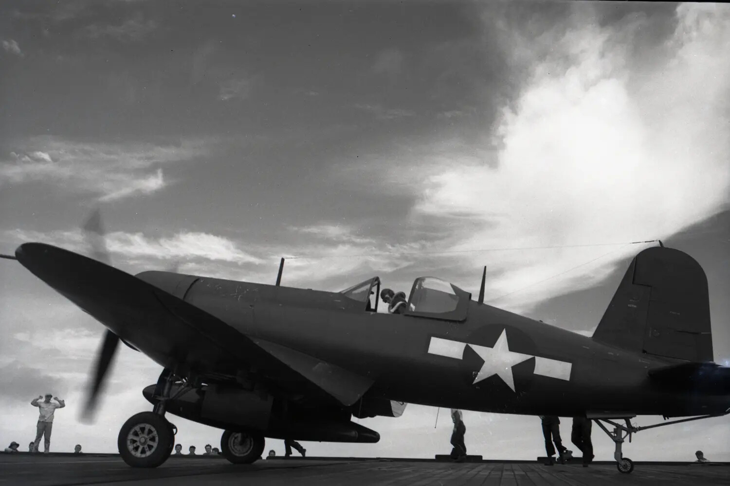 U.S. Navy Carrier Fighter on the Flight Deck of USS Petrof Bay (CVE-80), WWII Pacific Theater