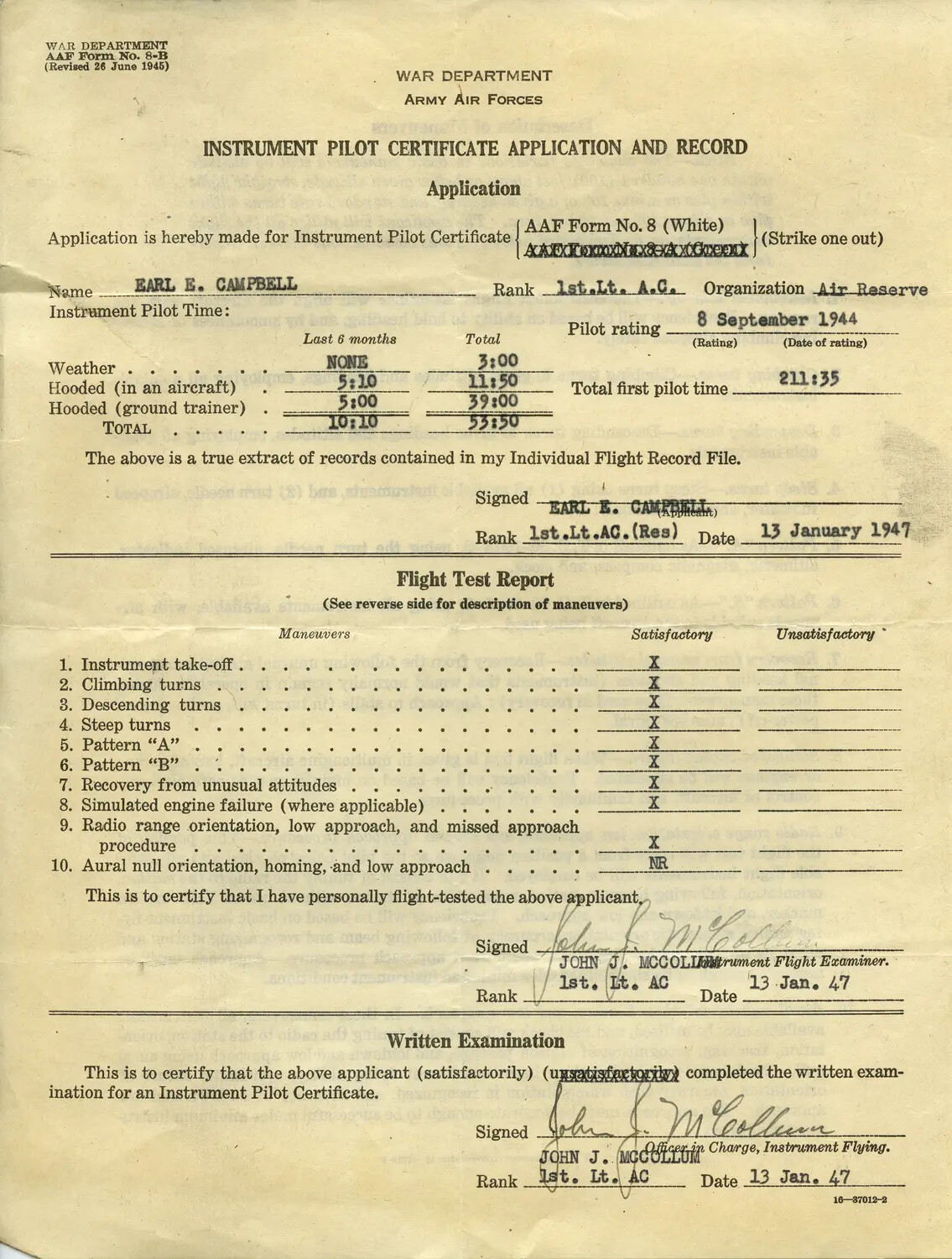 AAF Form 8-B, Instrument Pilot Certificate Application and Record — 1st Lt. Earl E. Campbell, 13 January 1947