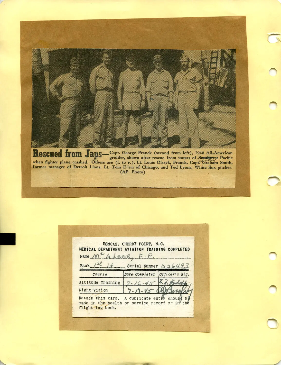 AP News Clipping and USMC Aviation Training Card, Edward P. McAleer Collection