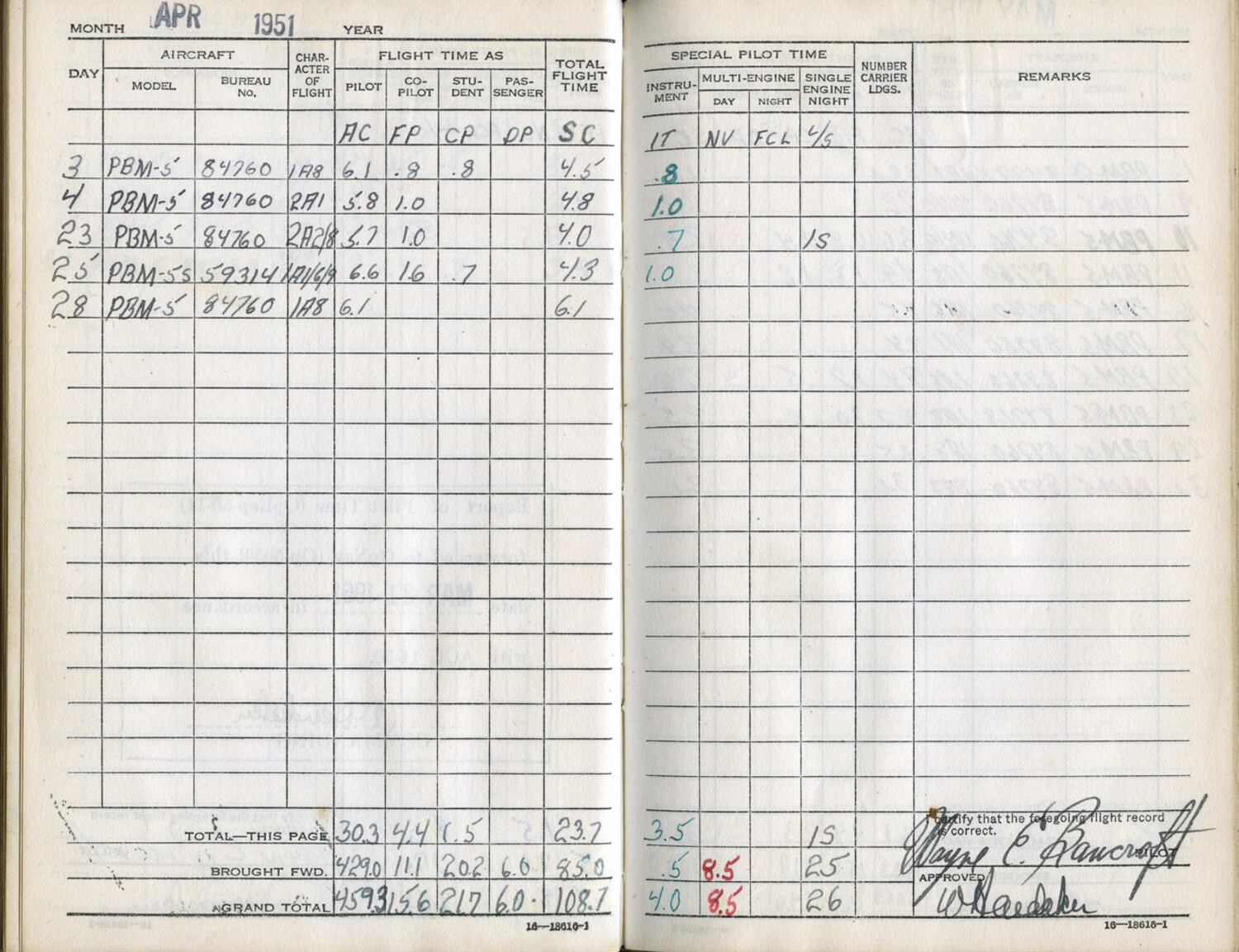 Lt. Bancroft's Naval Aviator Flight Logbook, April 1951 — PBM-5 Mariner Flights