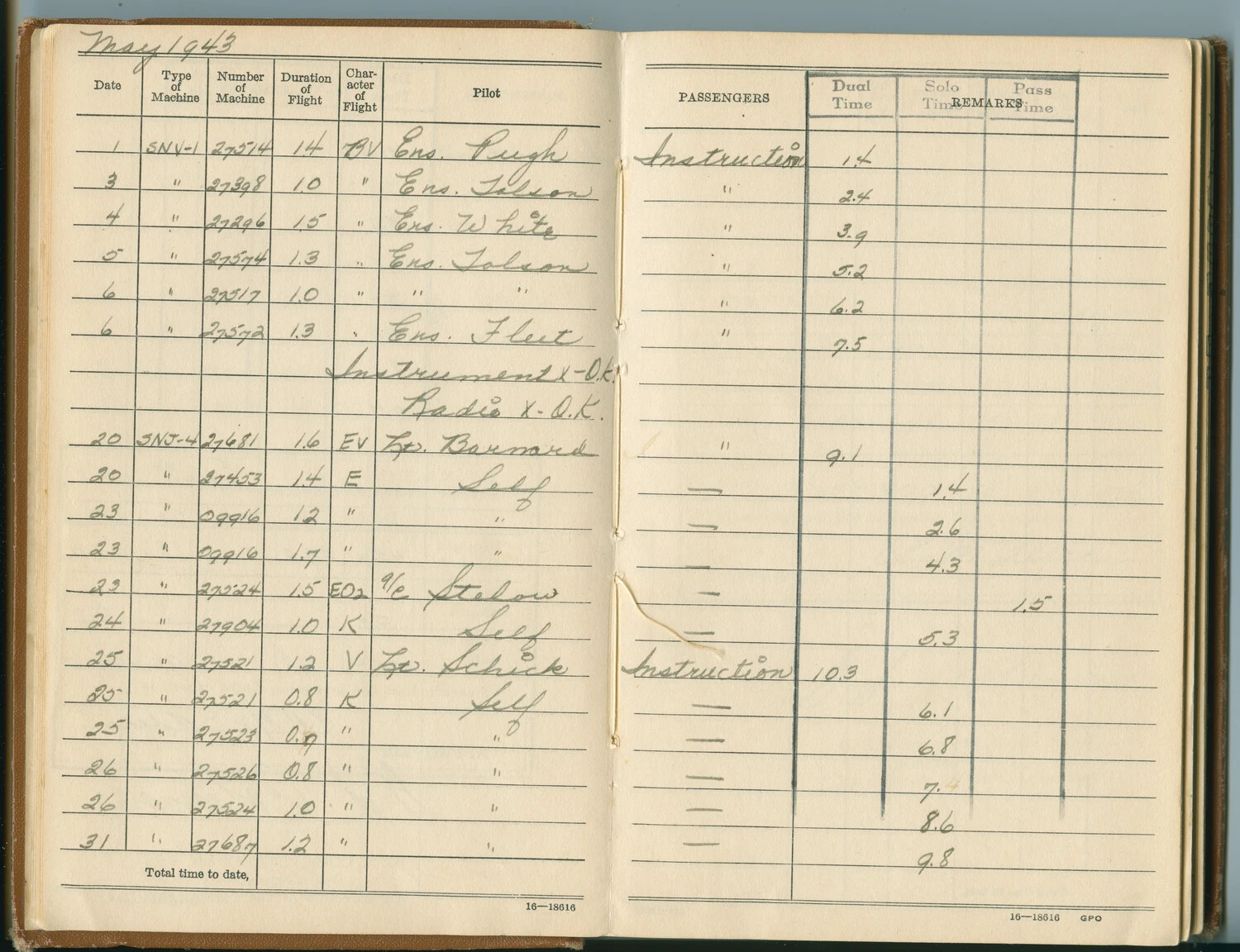 U.S. Navy Pilot's Flight Logbook, May 1943 -- McAleer Log Book (Jan 1942-Sept 1948)