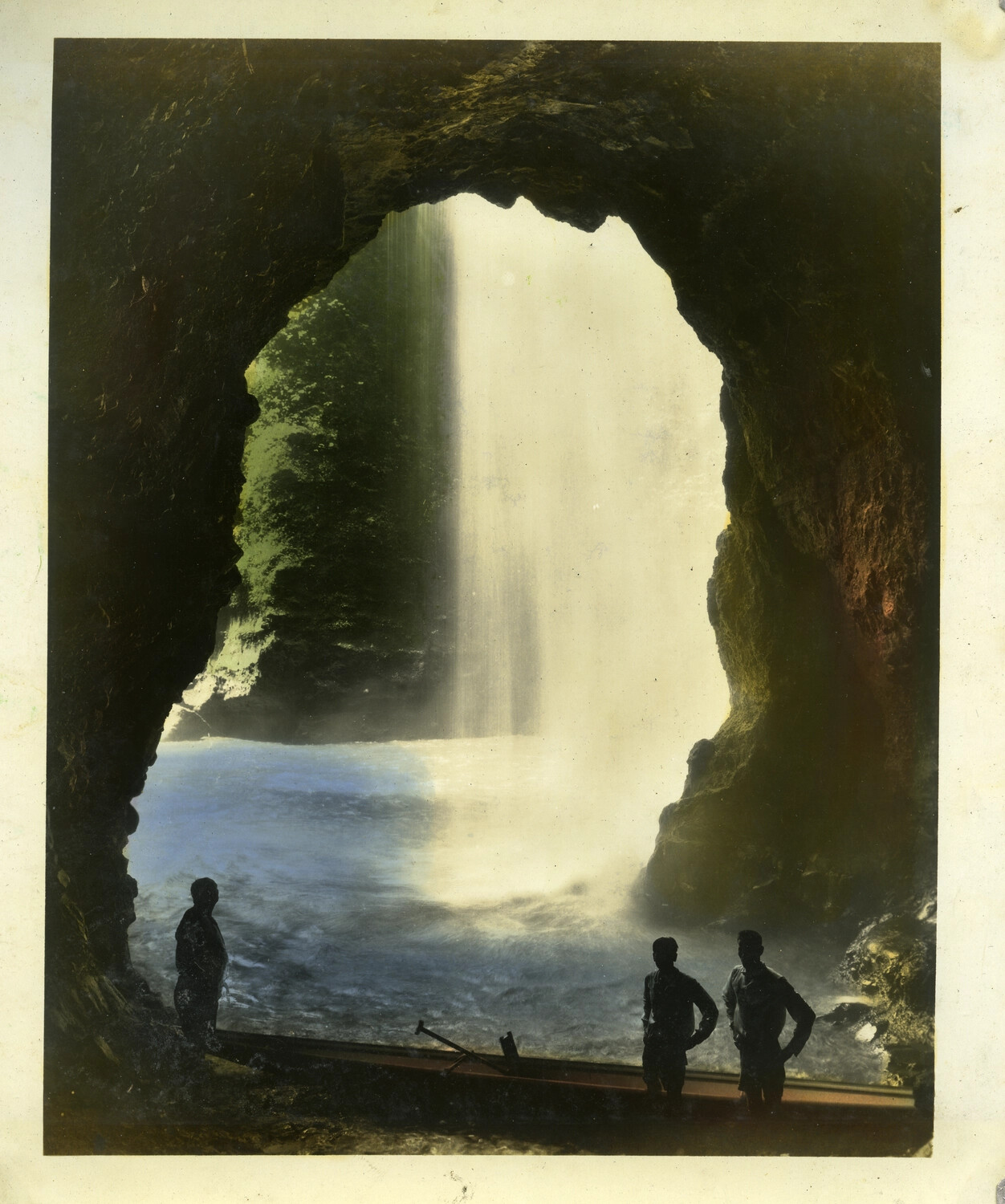 Figures at the Mouth of a Cave Behind a Waterfall, Likely Pagsanjan Falls, Luzon, Philippines, Early-to-Mid 20th Century