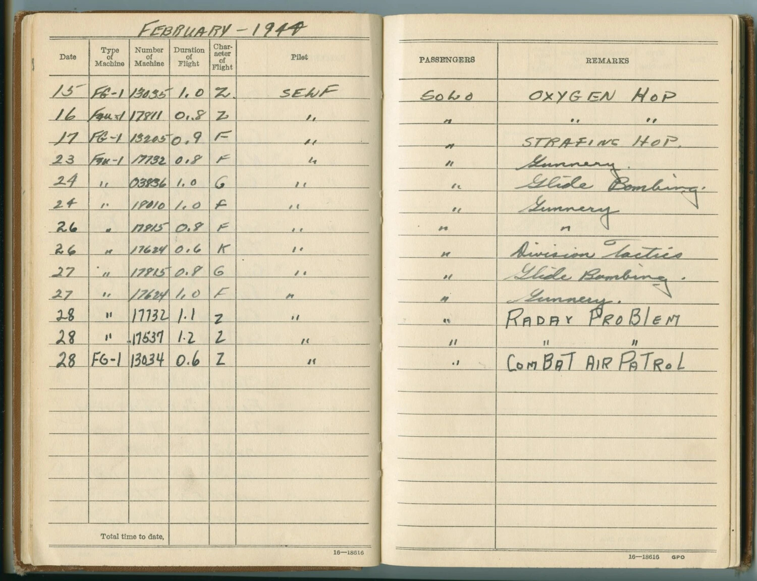 Pilot Flight Logbook Page, February 1944 - McAleer Log Book (Jan 1942-Sept 1948)