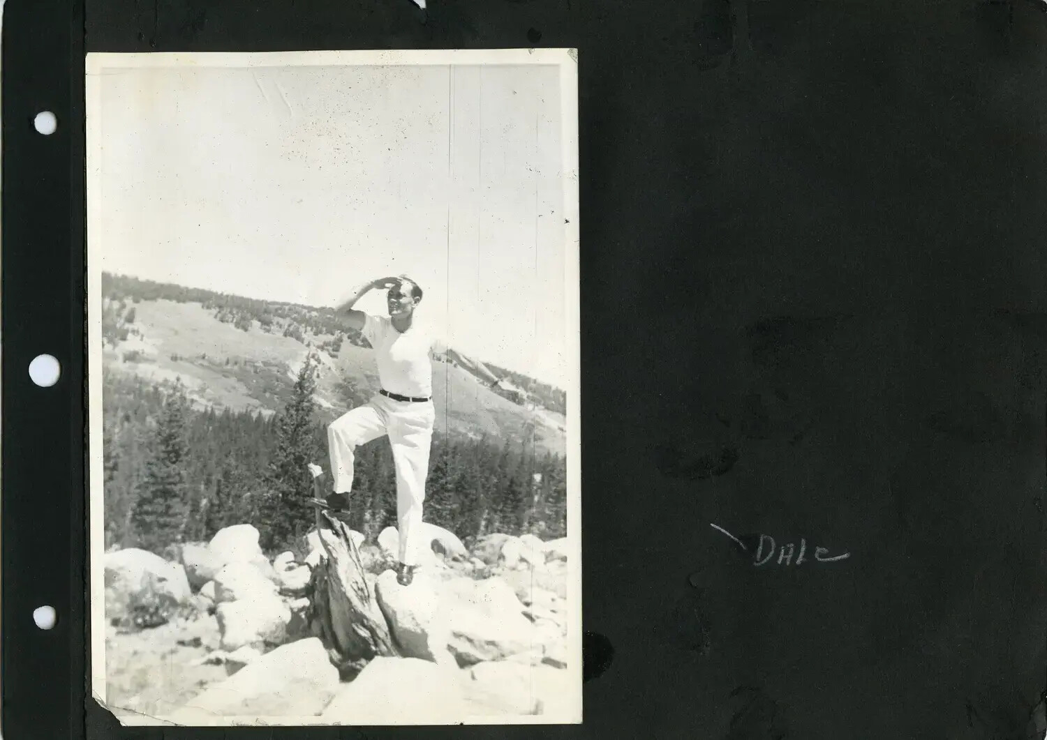 Album Snapshot of 'Dale' Posing on Mountain Rocks, 1930s