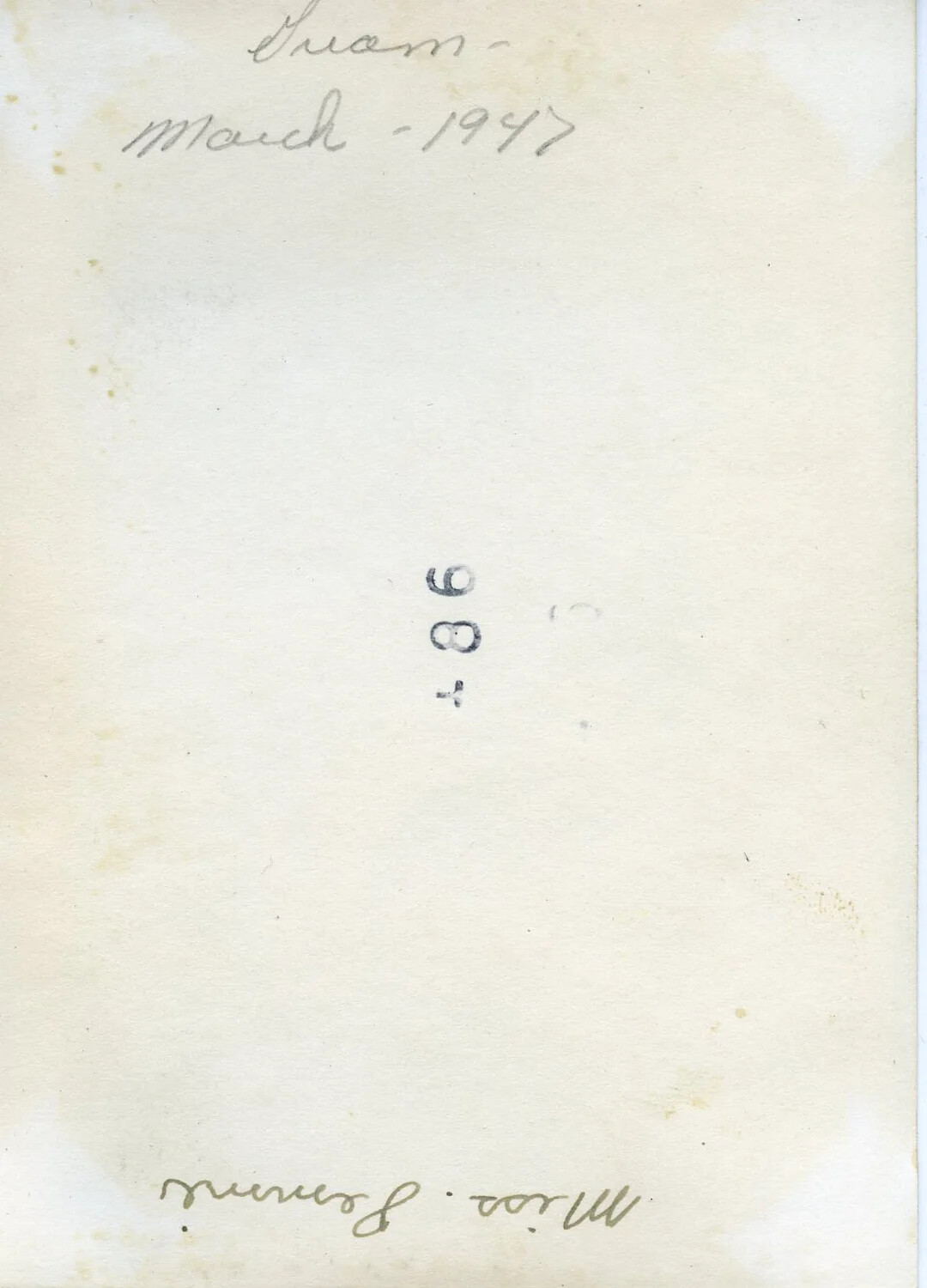 Verso of Photograph, Handwritten Location/Date and Subject Name, VR-6 Naval Air Transport Squadron Album, Guam (March 1947)