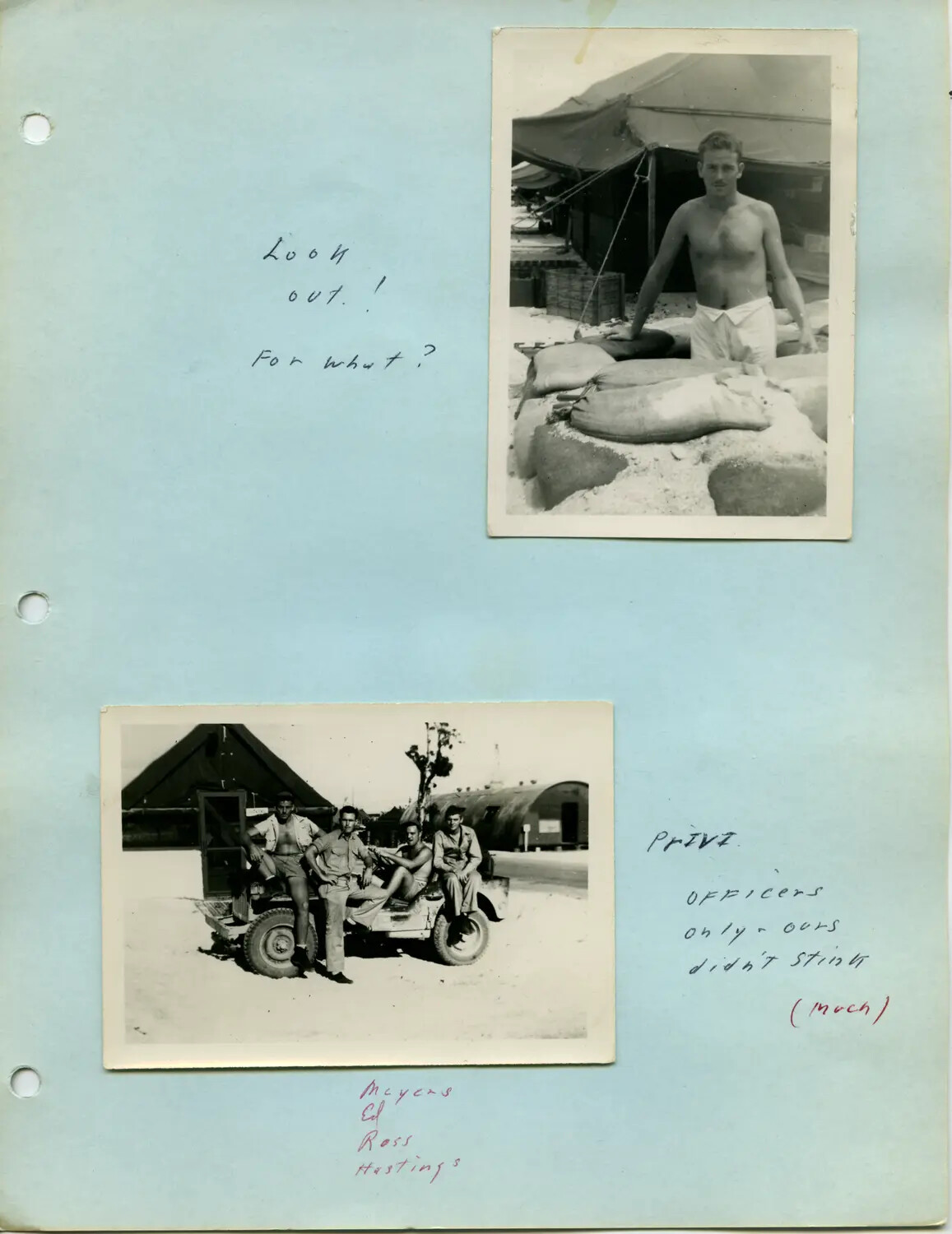 Scrapbook Page: Camp Life Snapshots with Handwritten Captions, Pat McAleer Collection