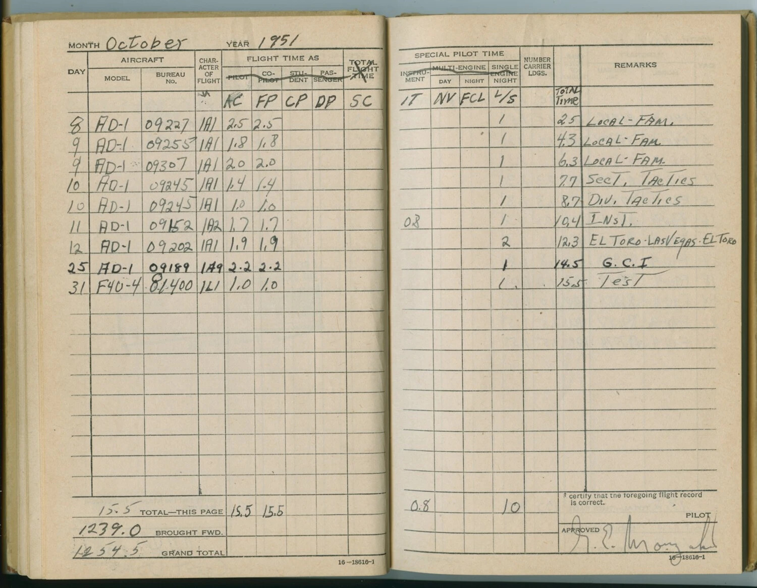 Naval Aviator's Personal Flight Log Book, October 1951 — AD-1 Skyraider and F4U-4 Corsair Training Flights