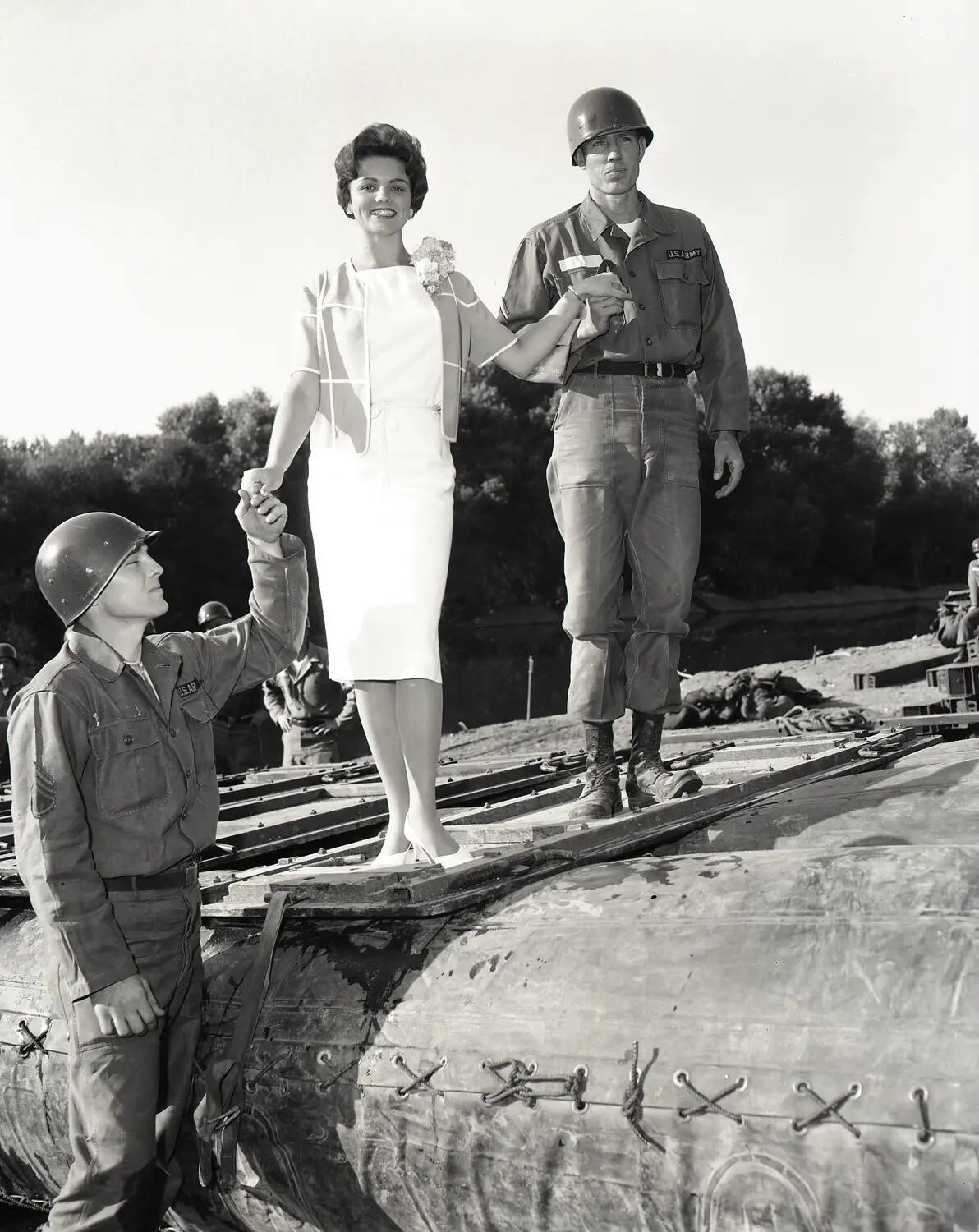 Miss California 1960 Suzanne Marie Reamo Crosses Aluminum Floating Foot Bridge with National Guard Engineers
