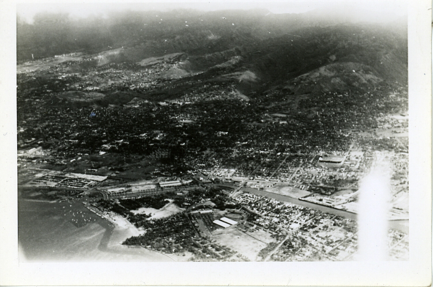 Aerial View of Coastal Town, Hawaii, WWII Era