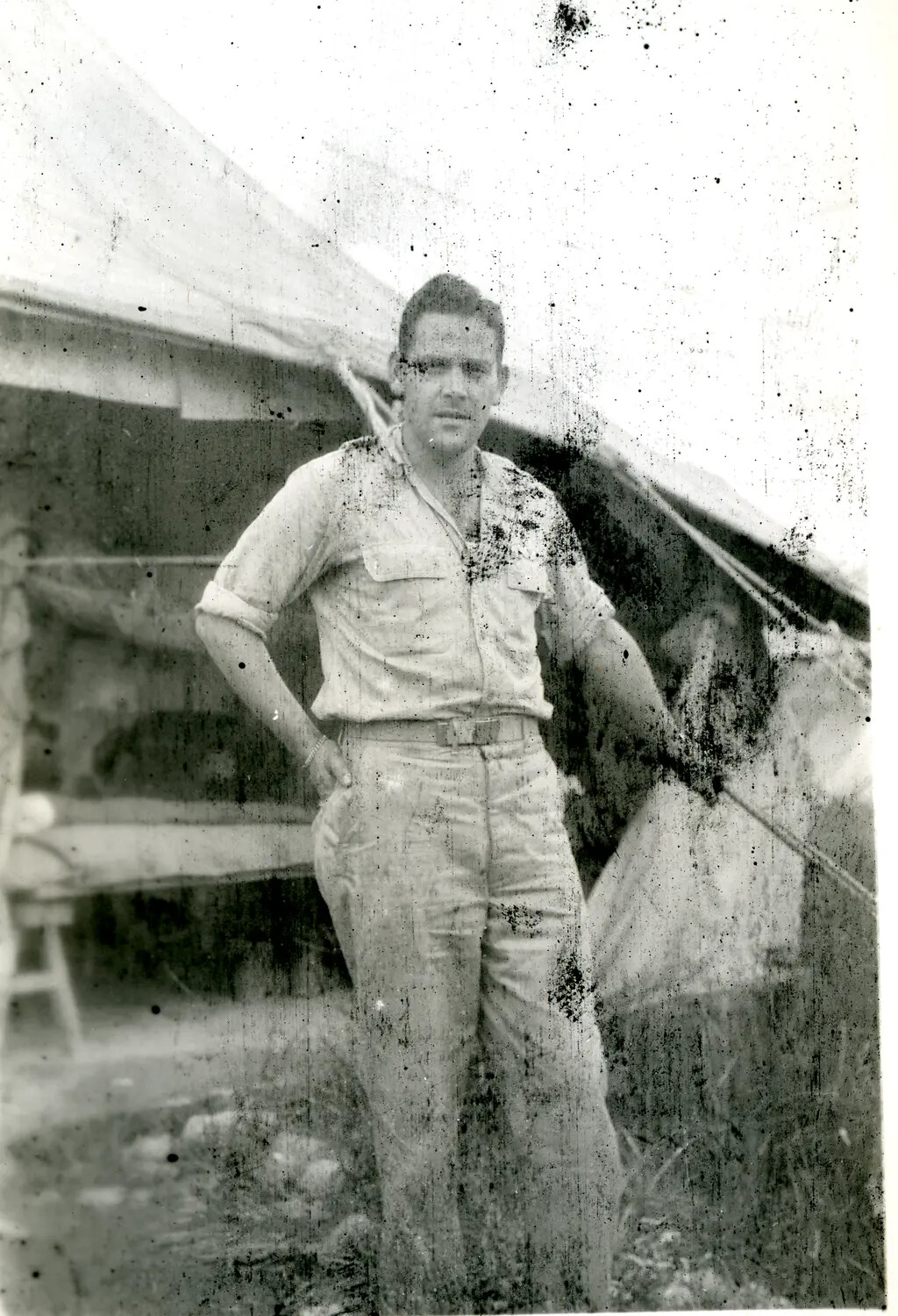 American Serviceman Posing Before Tent at CBI Theater Camp, WWII