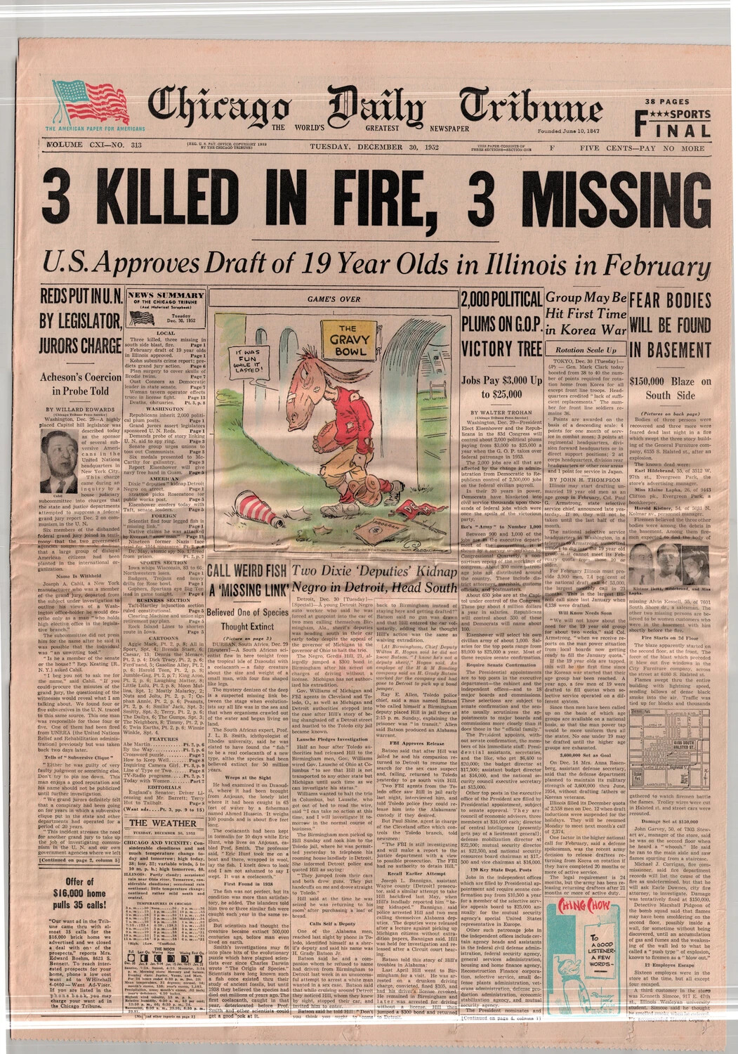 Chicago Daily Tribune Front Page, December 30, 1952 — Lt. Bancroft Korean War Collection