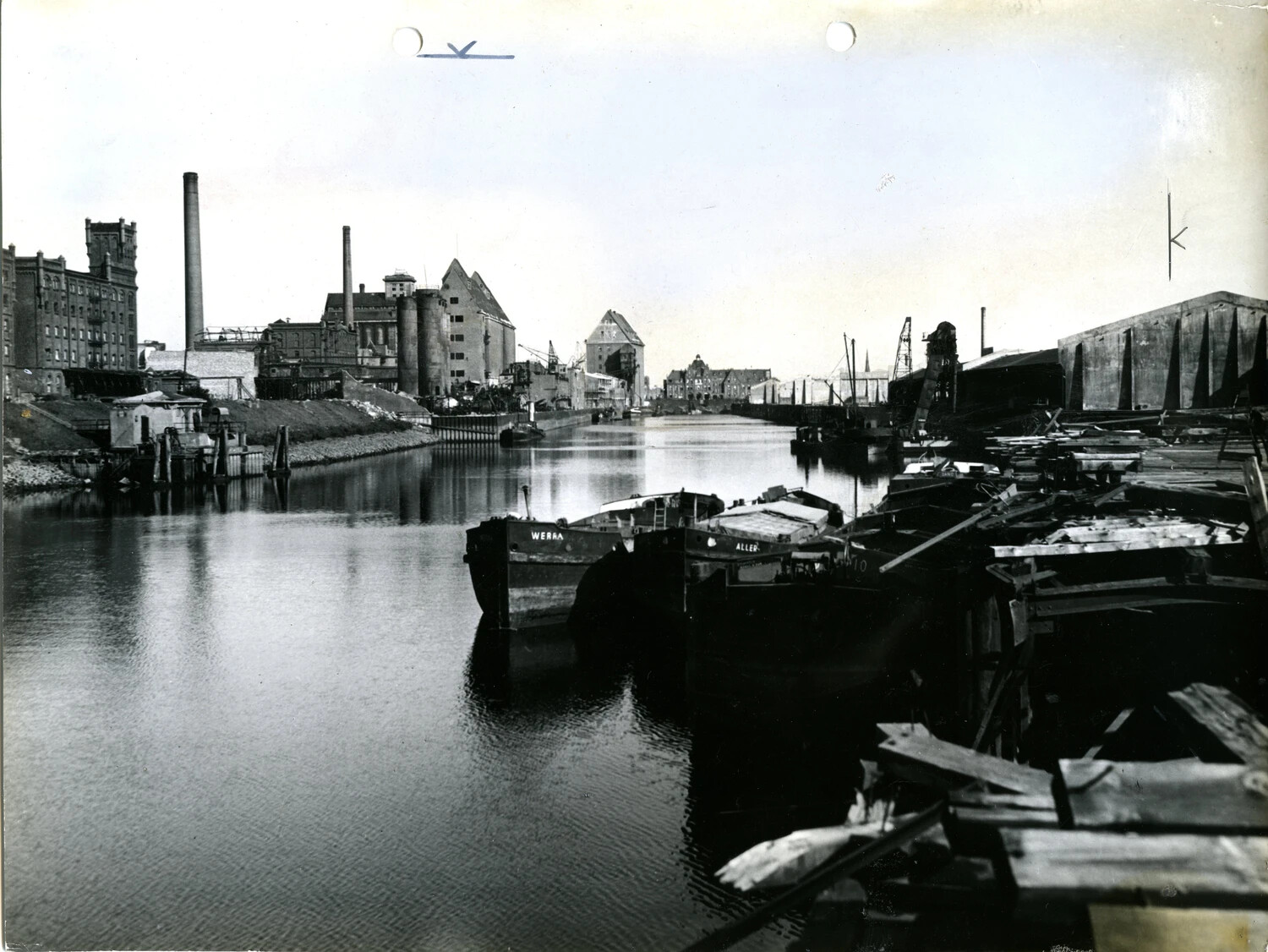 Kohlenhafen (Coal Harbor), Bremen, Germany, with Barges "WERRA" and "ALLER", WWII Era