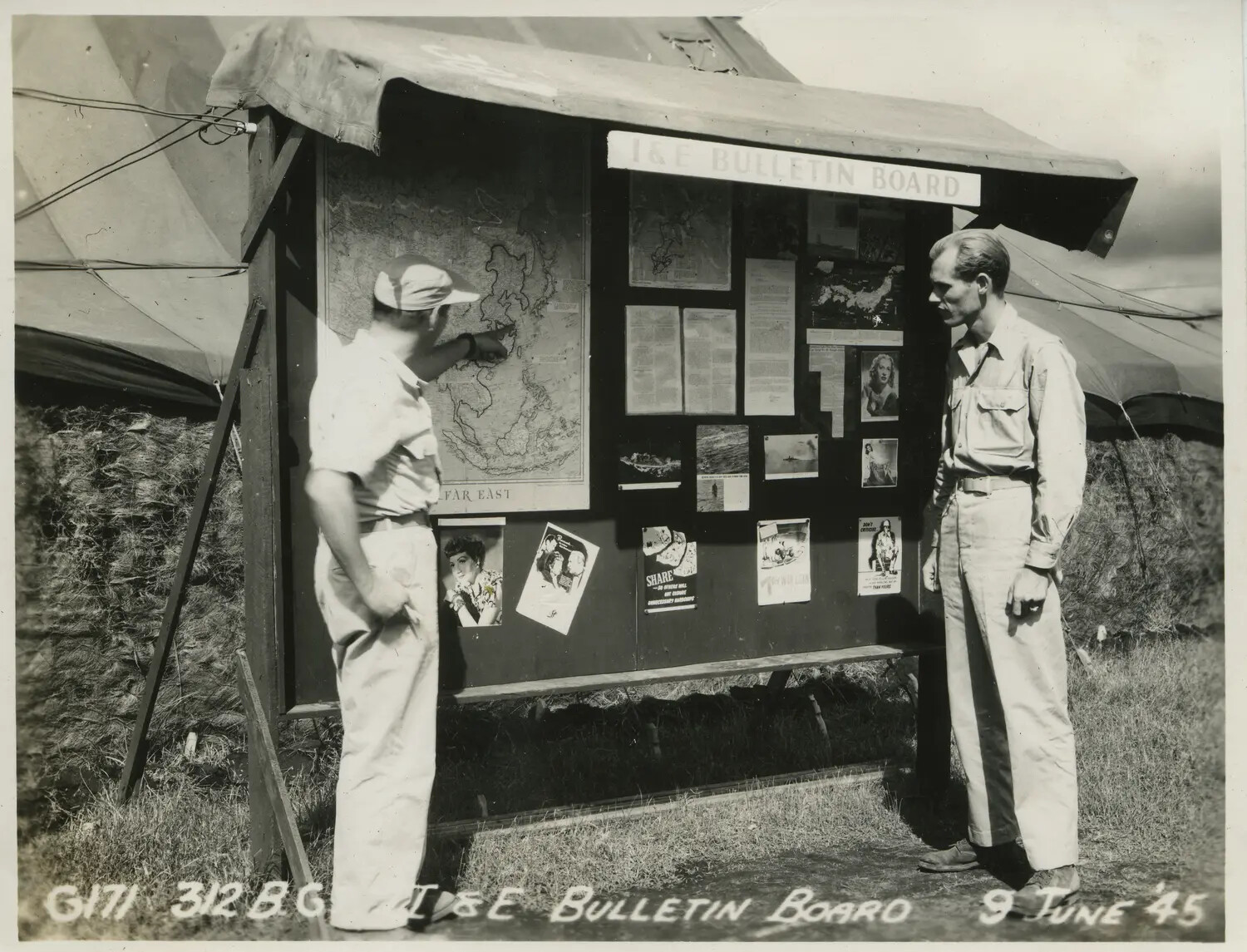 312th Bomb Group I&E Bulletin Board with Far East Theater Map, 9 June 1945