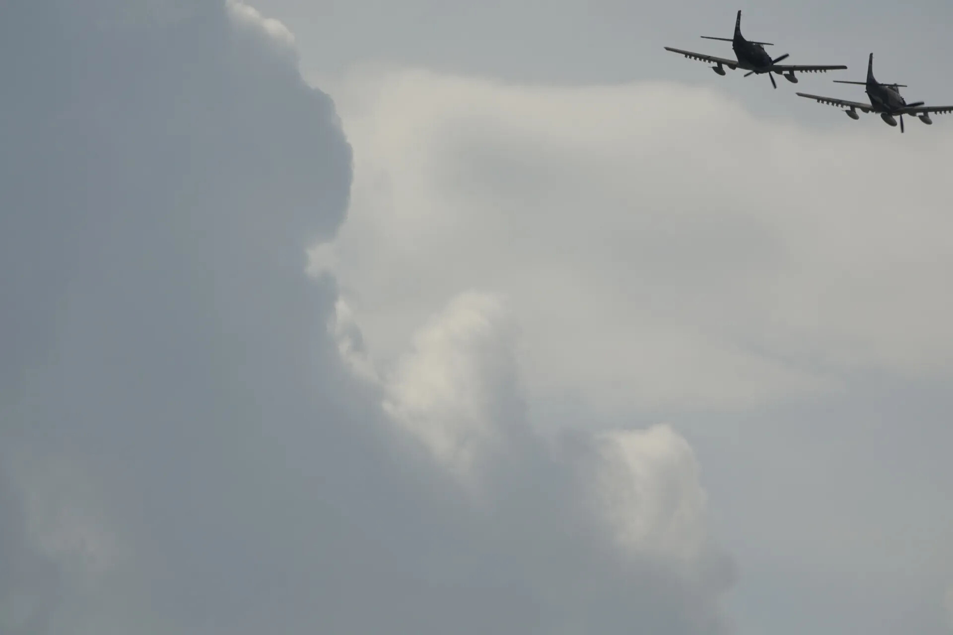 Two Propeller Warbirds in Formation Flight Against Overcast Sky