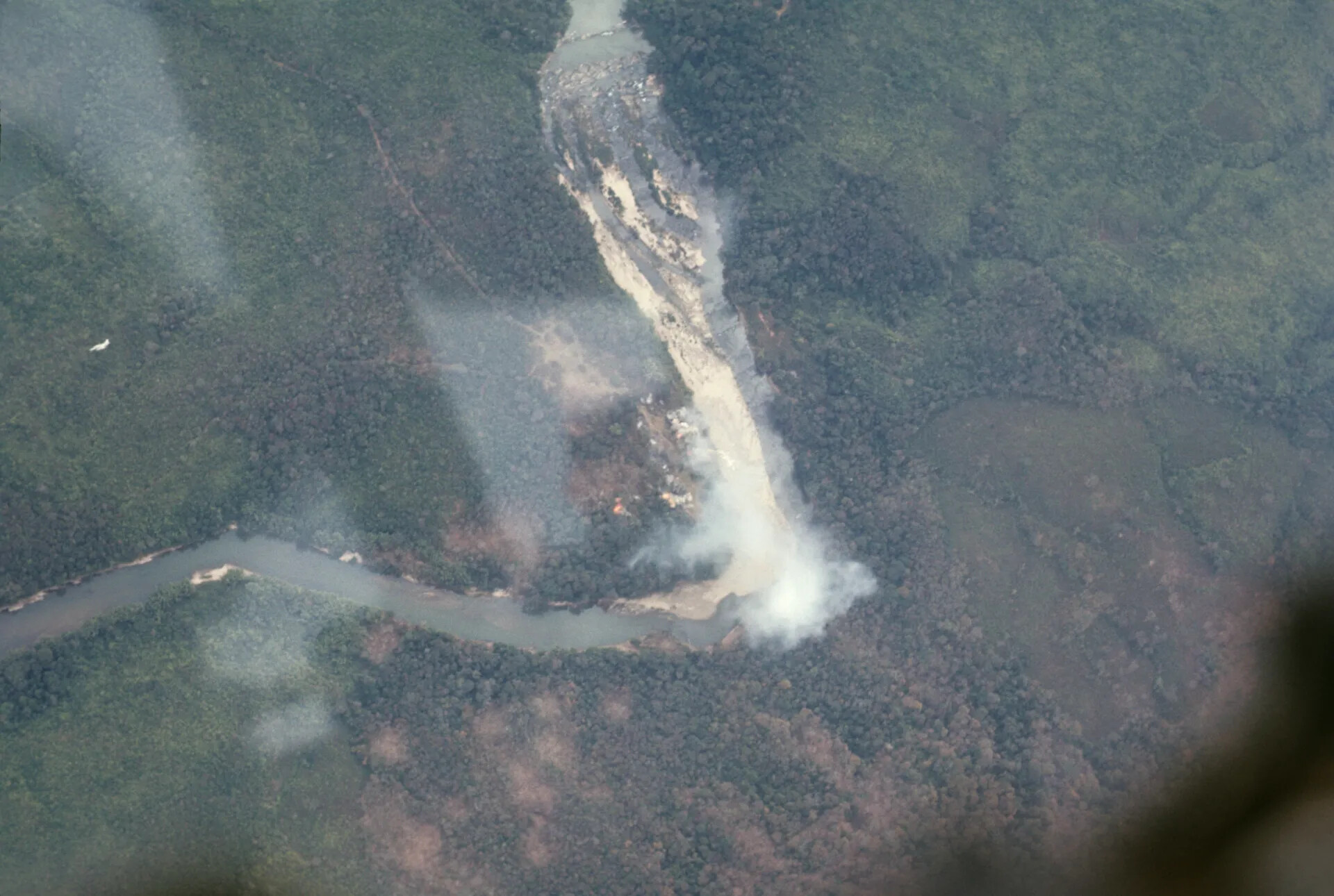 Aerial View of Jungle River Sandbar with Rising Smoke Plume, Southeast Asia (Engebretsen Slide Collection)