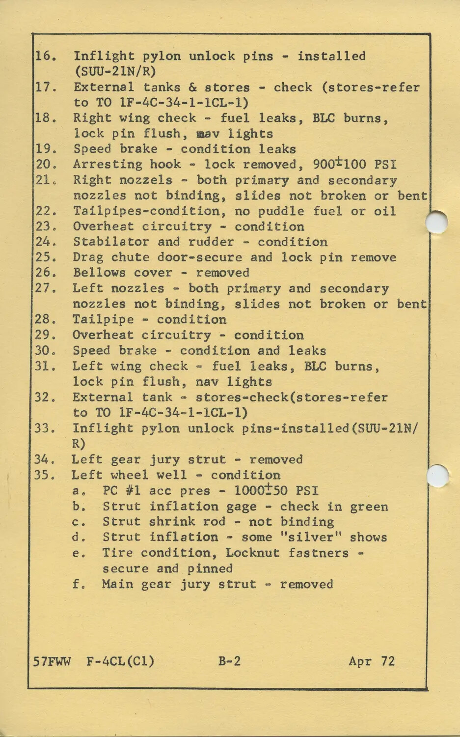 F-4 Phantom II Inspection Checklist Page B-2, 57th Fighter Weapons Wing, April 1972