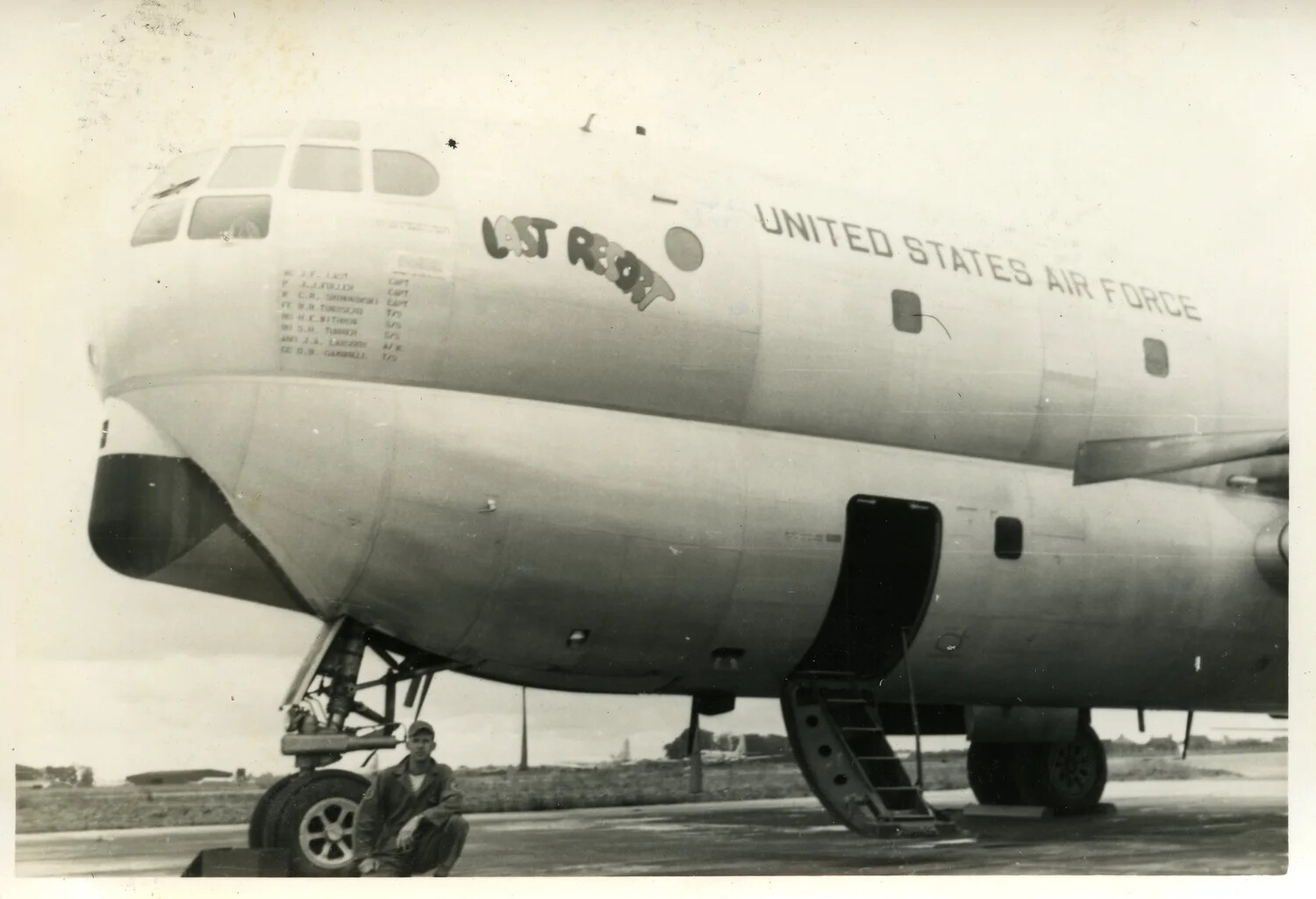 Nose Art 'LAST RESORT' on USAF B-29/B-50 Superfortress-Type Bomber with Crew Roster and Ground Crewman