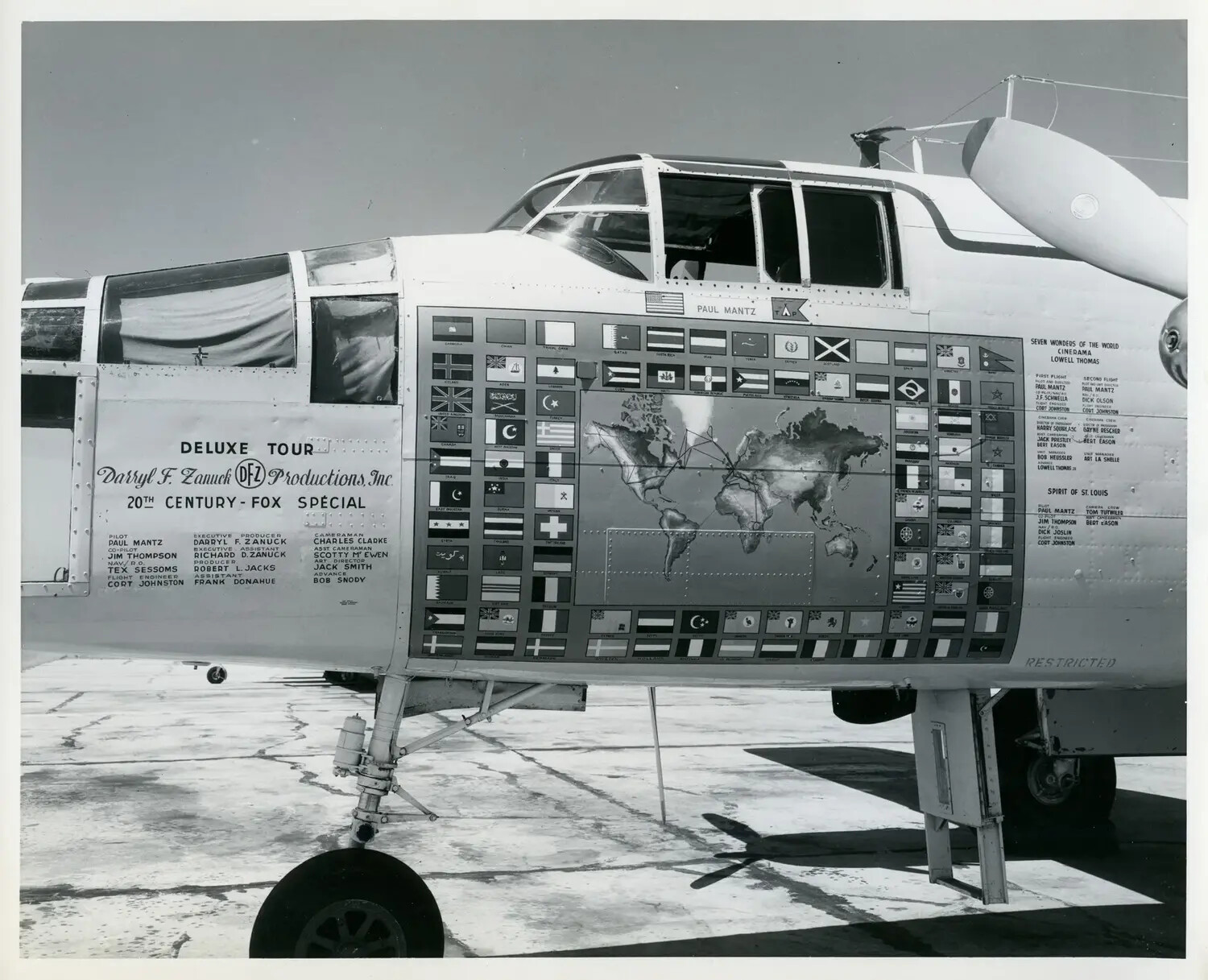 Nose Art and Crew Roster of the 20th Century-Fox Cinerama Camera Aircraft 'Deluxe Tour,' Seven Wonders of the World Production, c.1955-1956