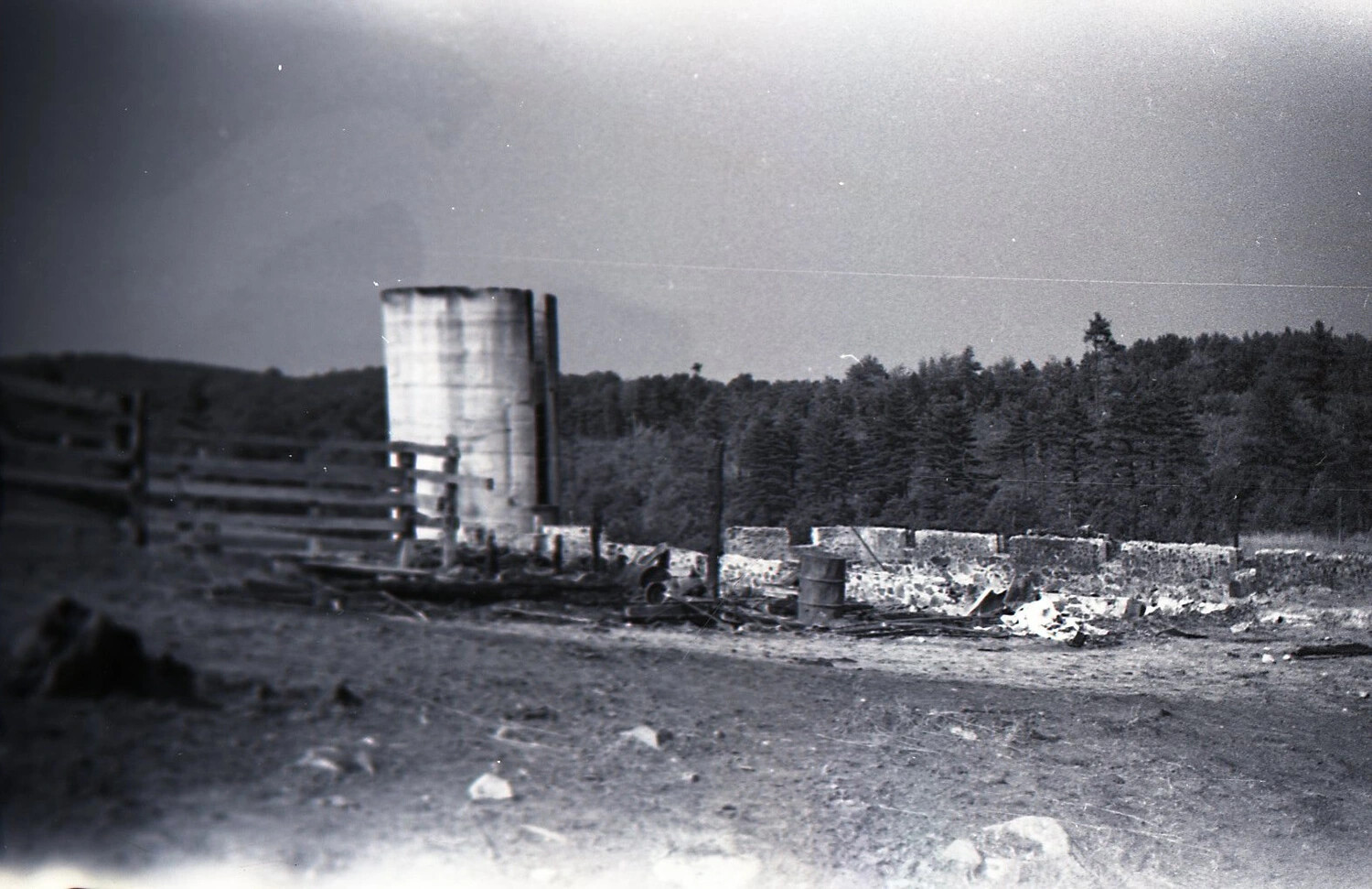 Split-Rail Fence, Silo, and Foundation Ruins, Dairy Farm Fire Site, Rural New England, c. 1940s
