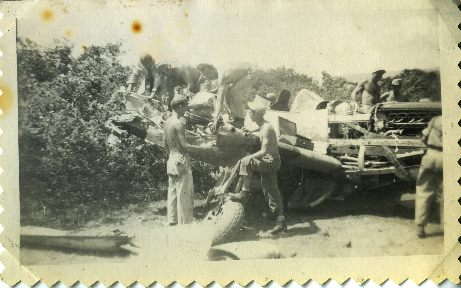 Servicemen Inspecting Crashed Aircraft Wreckage, Pacific Theater, WWII