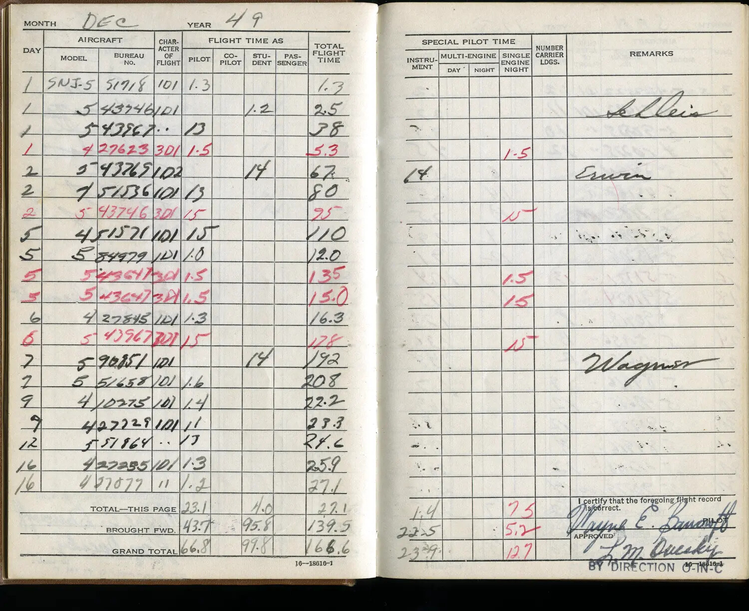 U.S. Navy Pilot Flight Logbook Pages, December 1949 -- Lt. Wayne E. Bancroft, SNJ-5 Training Flights