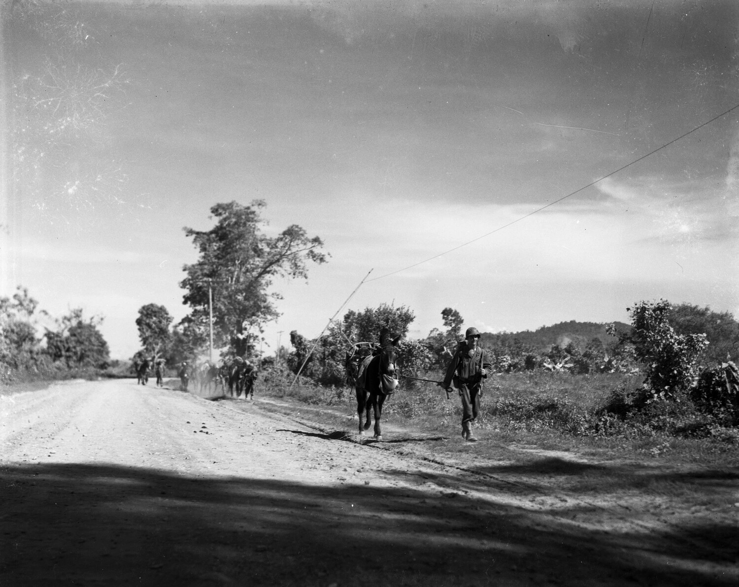 Soldier Leading Pack Mule Along Dirt Road, Burma, China-Burma-India Theater, WWII
