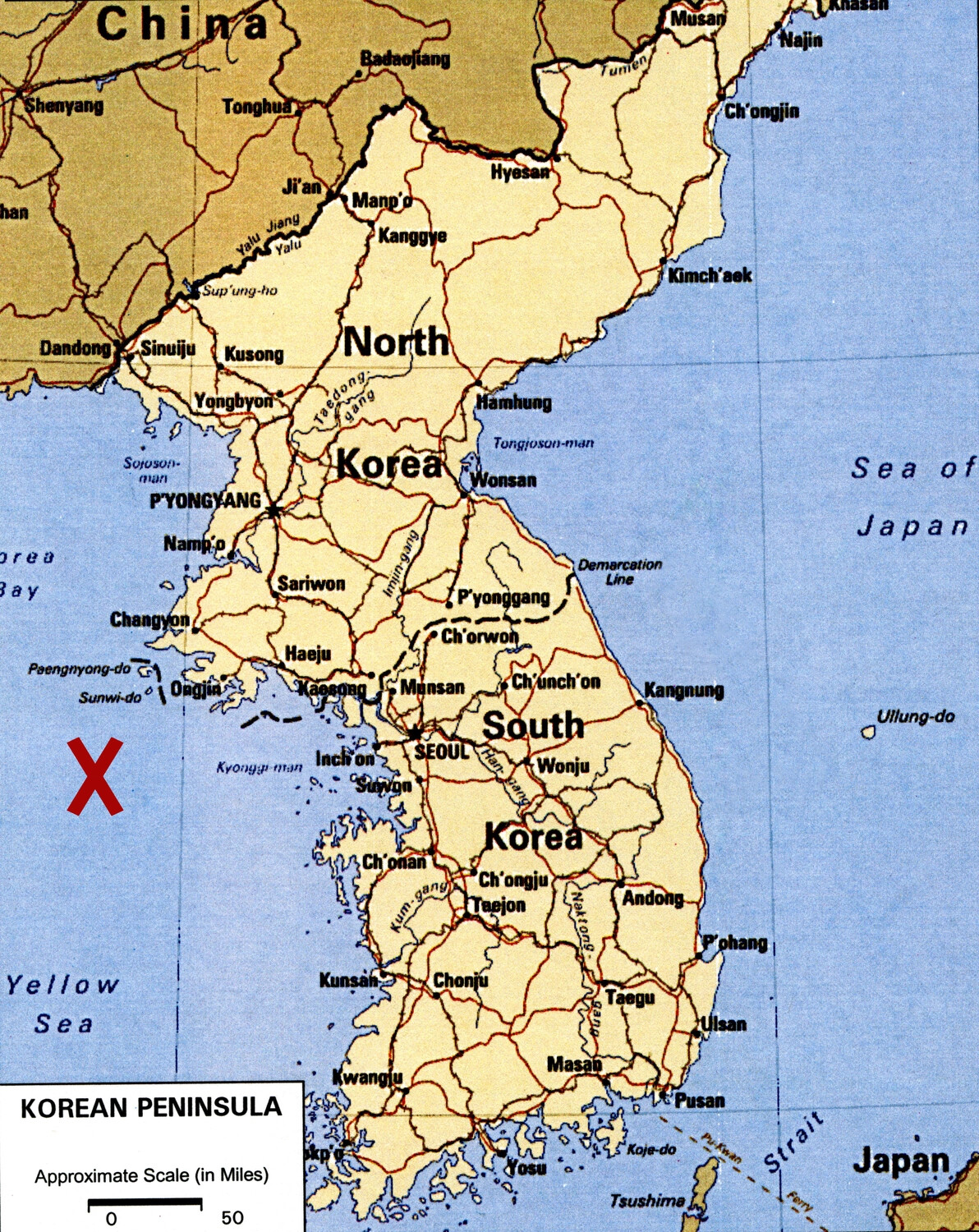 Annotated Reference Map of the Korean Peninsula, West Coast Marked -- Lt. Bancroft Korean War Collection
