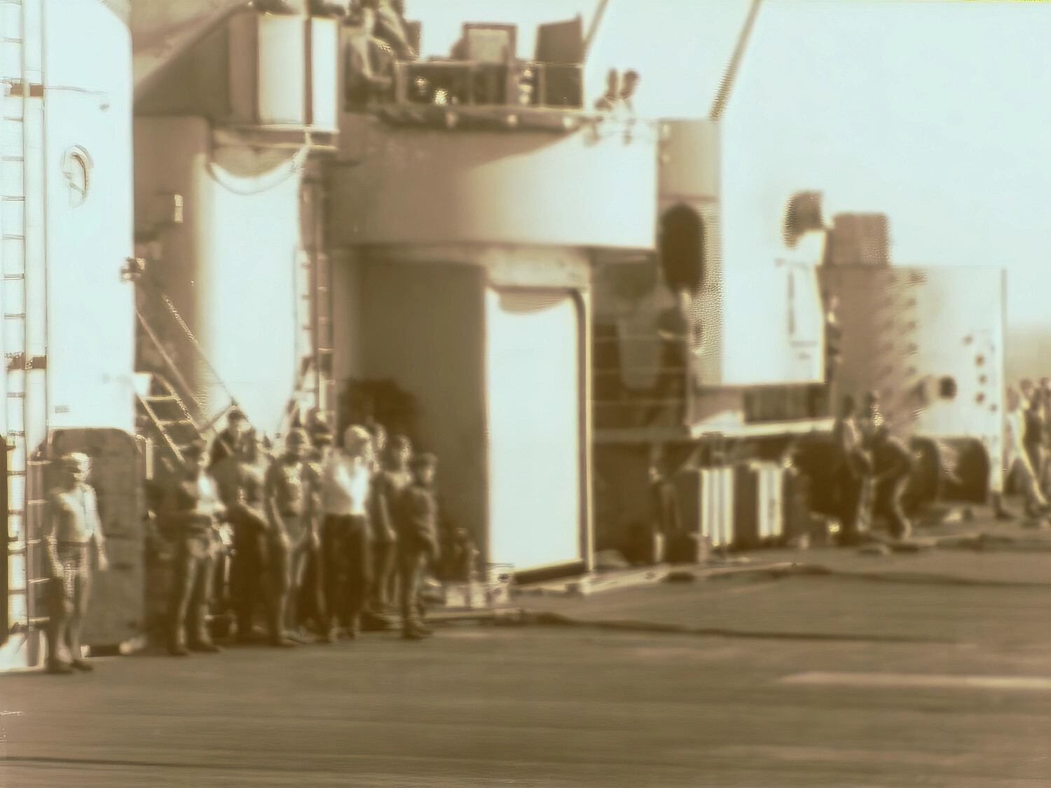 U.S. Navy Sailors Gathered on Ship's Deck Near Island Superstructure, Francis R. Ferry Collection, WWII Pacific
