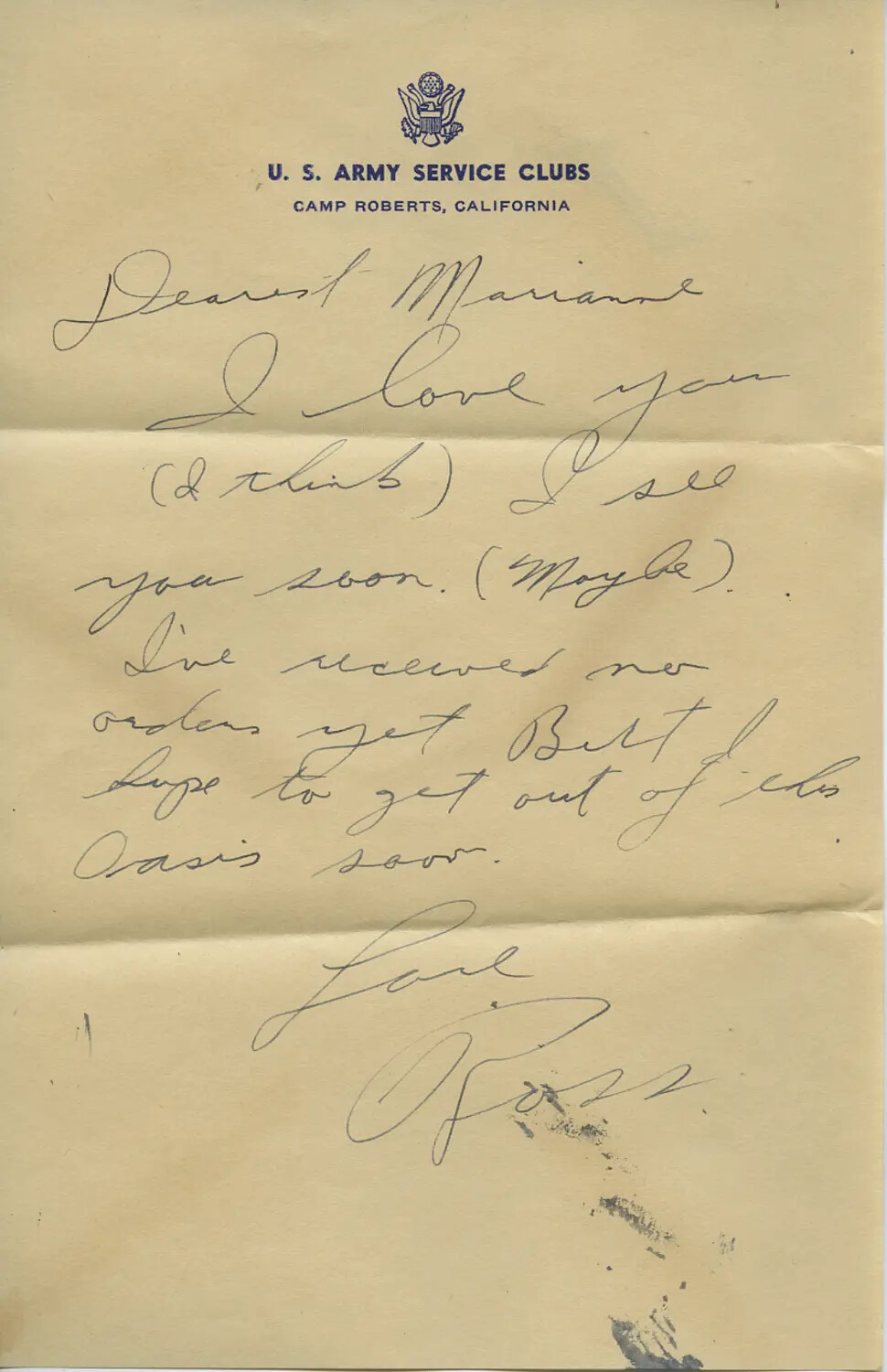 Handwritten Letter to 'Marianne' on U.S. Army Service Clubs Stationery, Camp Roberts, California