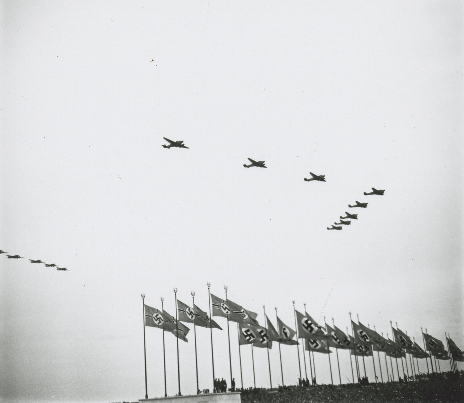 Luftwaffe Bomber Formation Flyover Above Nazi Party Rally Flags, Nuremberg