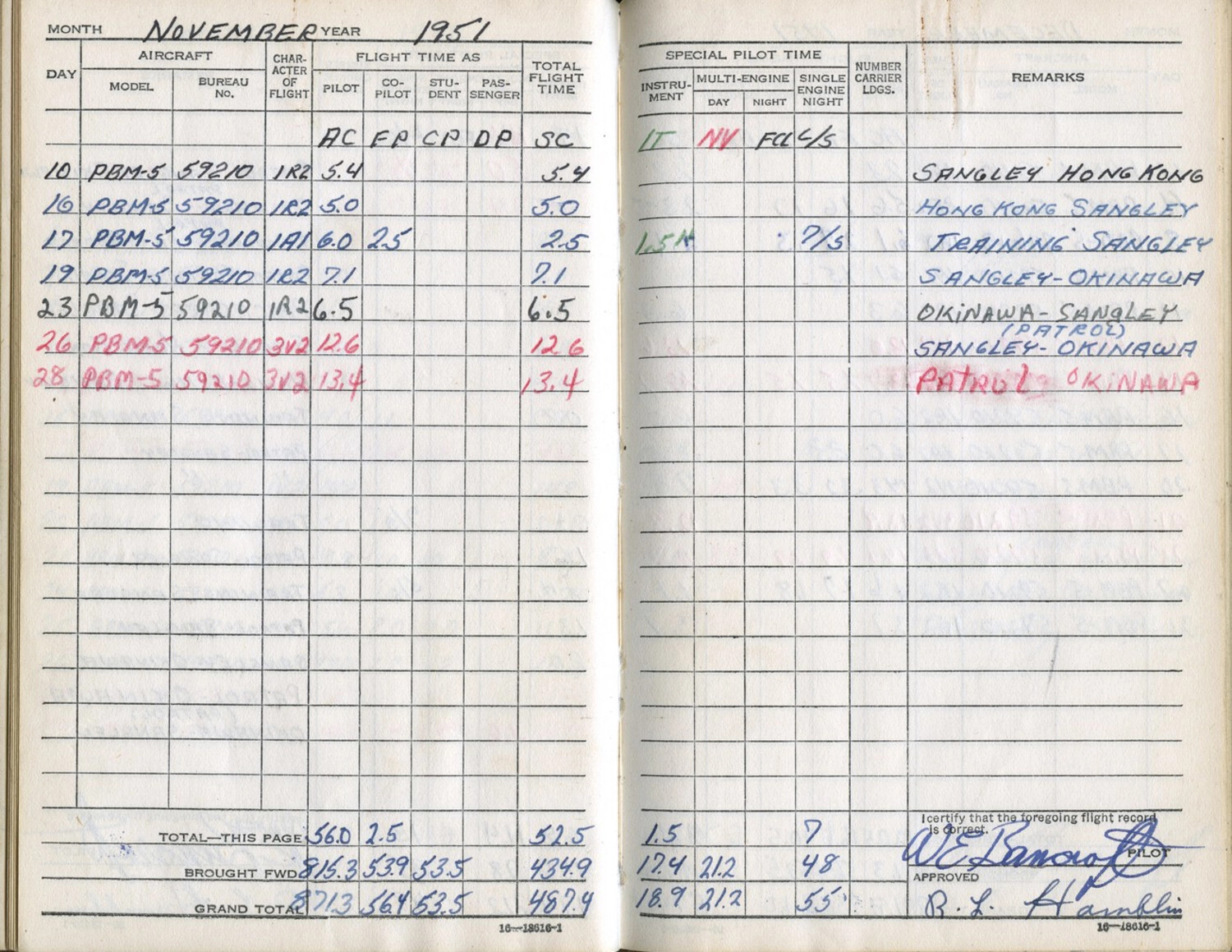 Lt. W.E. Bancroft's Flight Logbook, November 1951 - PBM-5 Mariner Patrol Flights, Sangley Point/Hong Kong/Okinawa