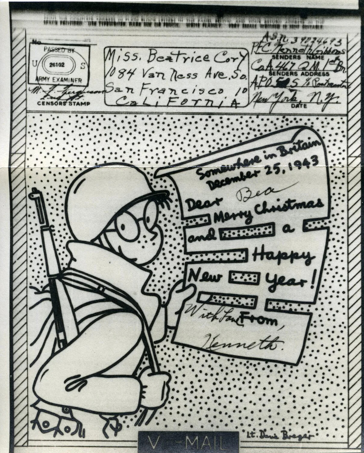 V-Mail Christmas Cartoon by Lt. Dave Breger, U.S. Army Quartermaster Corps, 'Somewhere in Britain,' 25 December 1943