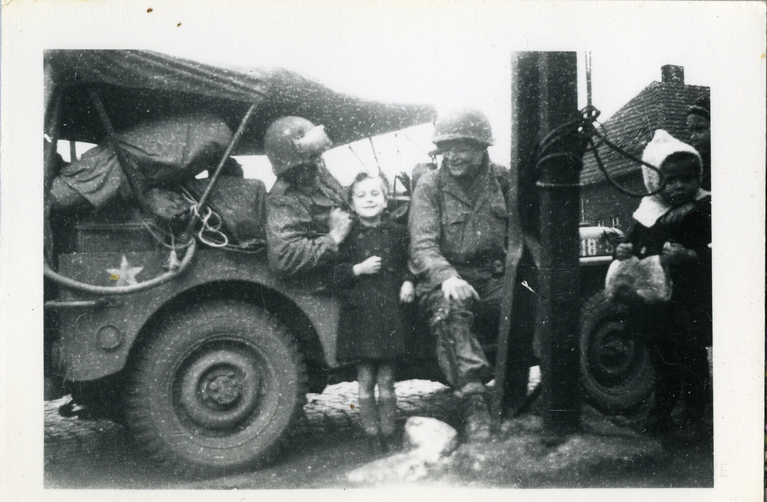 American Soldiers with Local Children Beside Jeep, European Village, WWII Liberation/Occupation Period