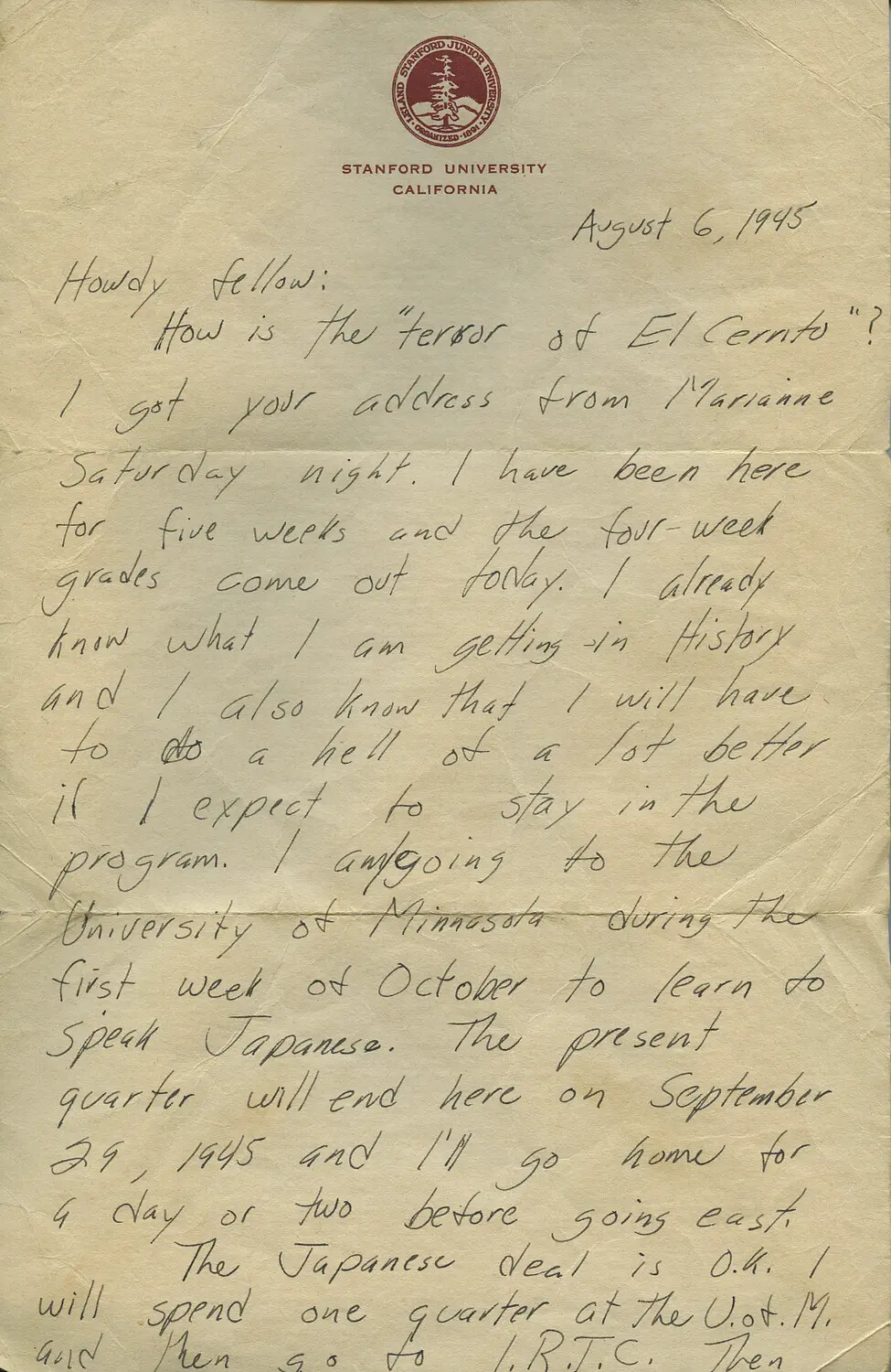 Handwritten Letter on Stanford University Letterhead, Dated August 6, 1945