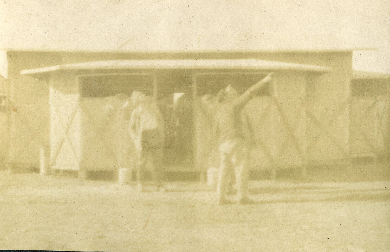 Airfield Hangar Structure with Airmen, WWI French Pilot Album (Faded Print)