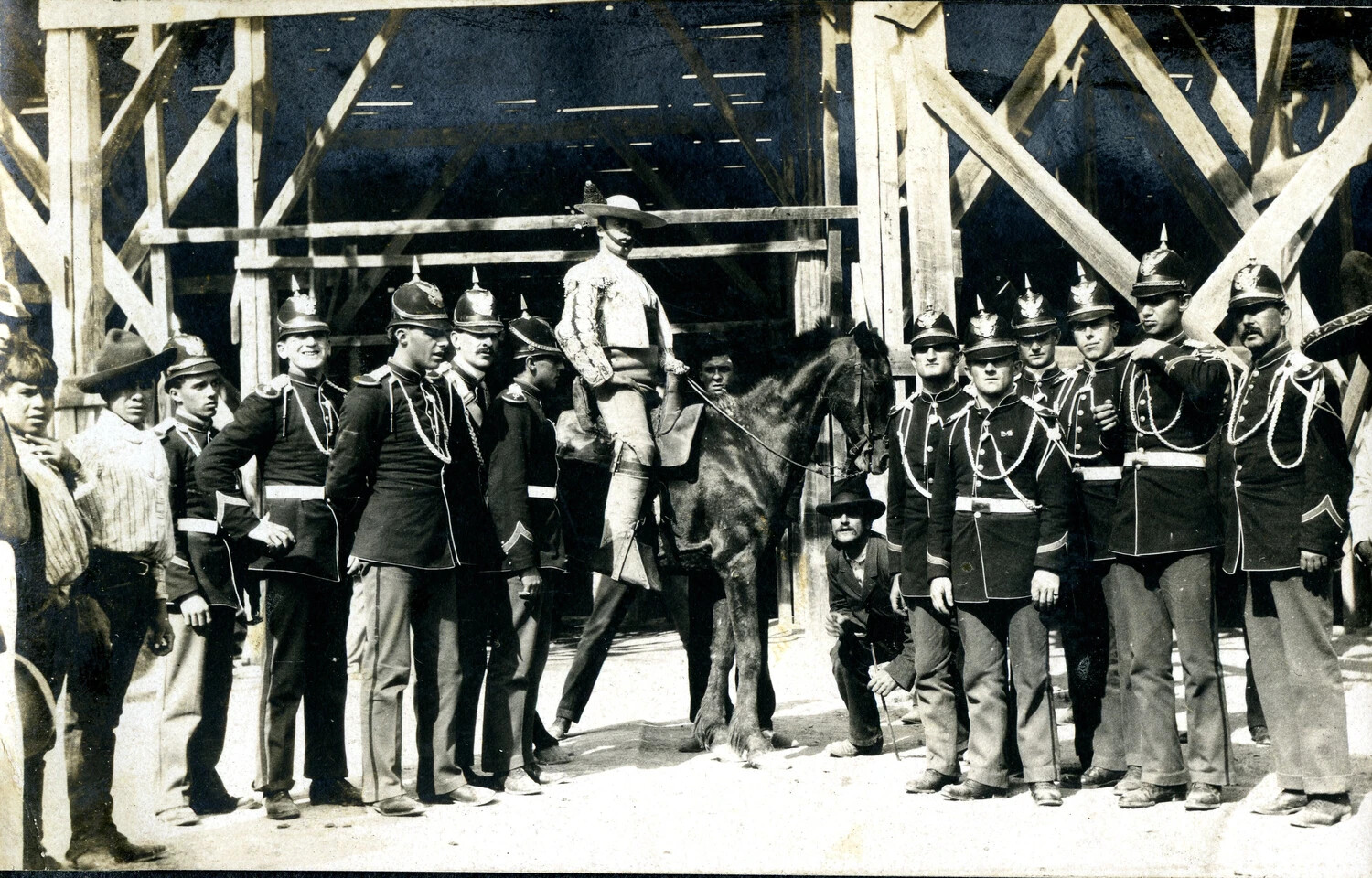 U.S. Marines Posed with Mounted Bullfighter at Plaza de Toros Entrance, Mexico, c. 1898-1910