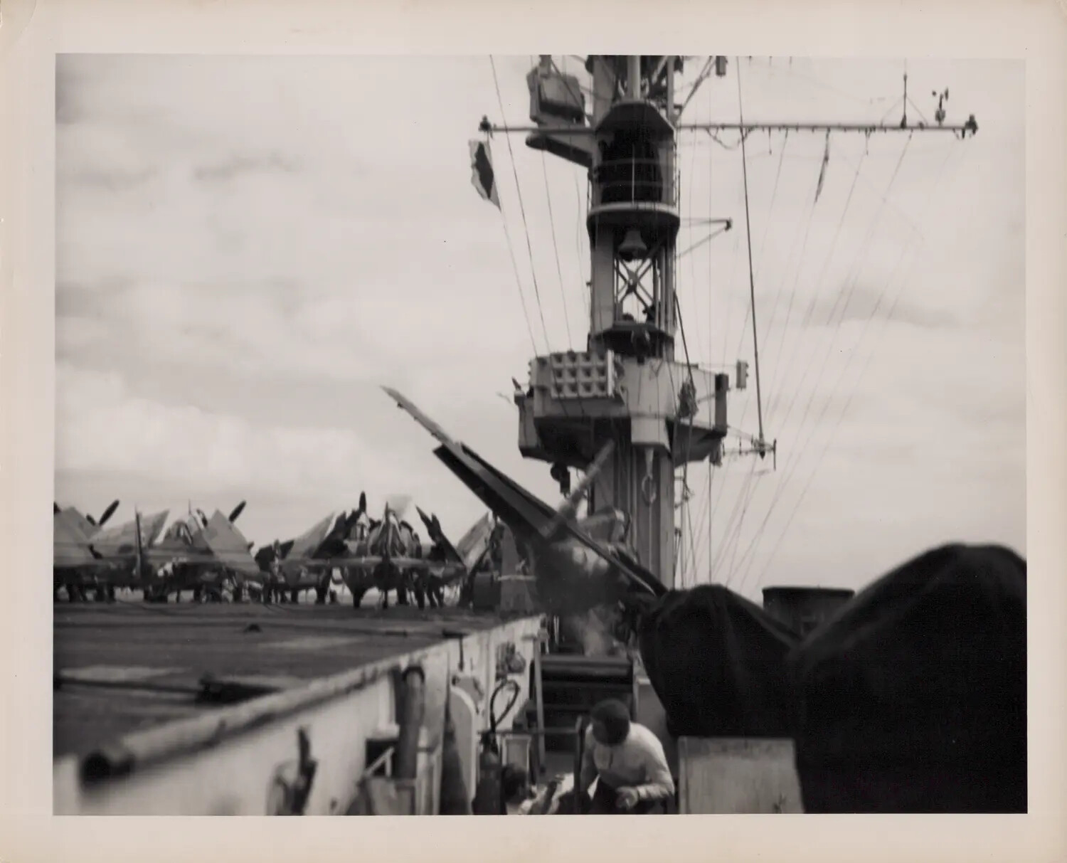 Crash of Aircraft B-11, Lt(jg) W.O. Green - View Toward Mast, USS Petrof Bay (CVE-80), 27 February 1945