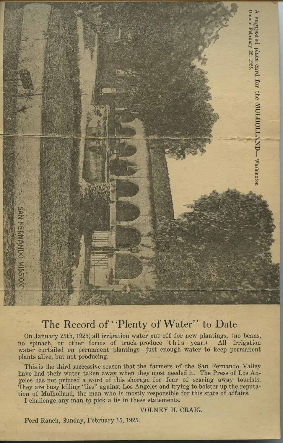 "The Record of 'Plenty of Water' to Date" — Volney H. Craig Pamphlet Page with San Fernando Mission Photograph, February 15, 1925