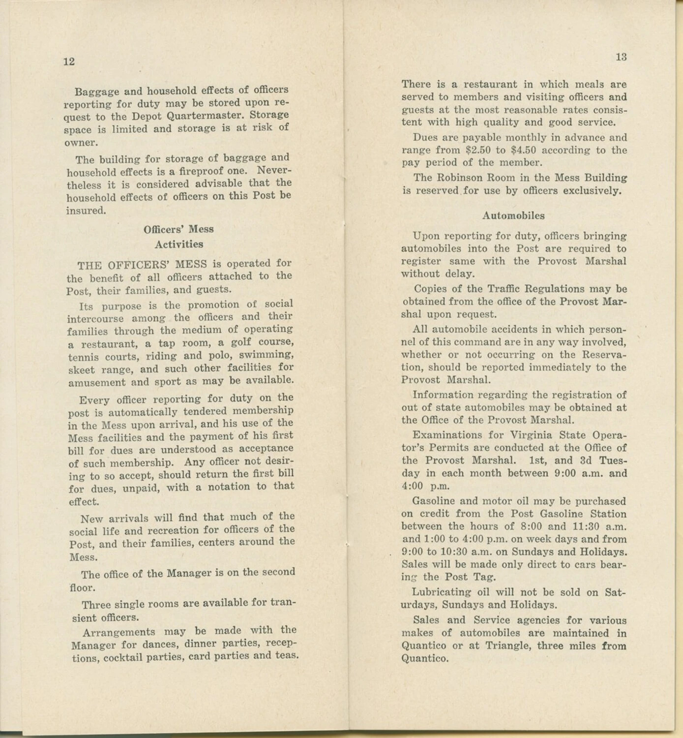 Marine Corps Base Quantico Officer Orientation Booklet, Pages 12-13 (Officers' Mess and Automobile Regulations)