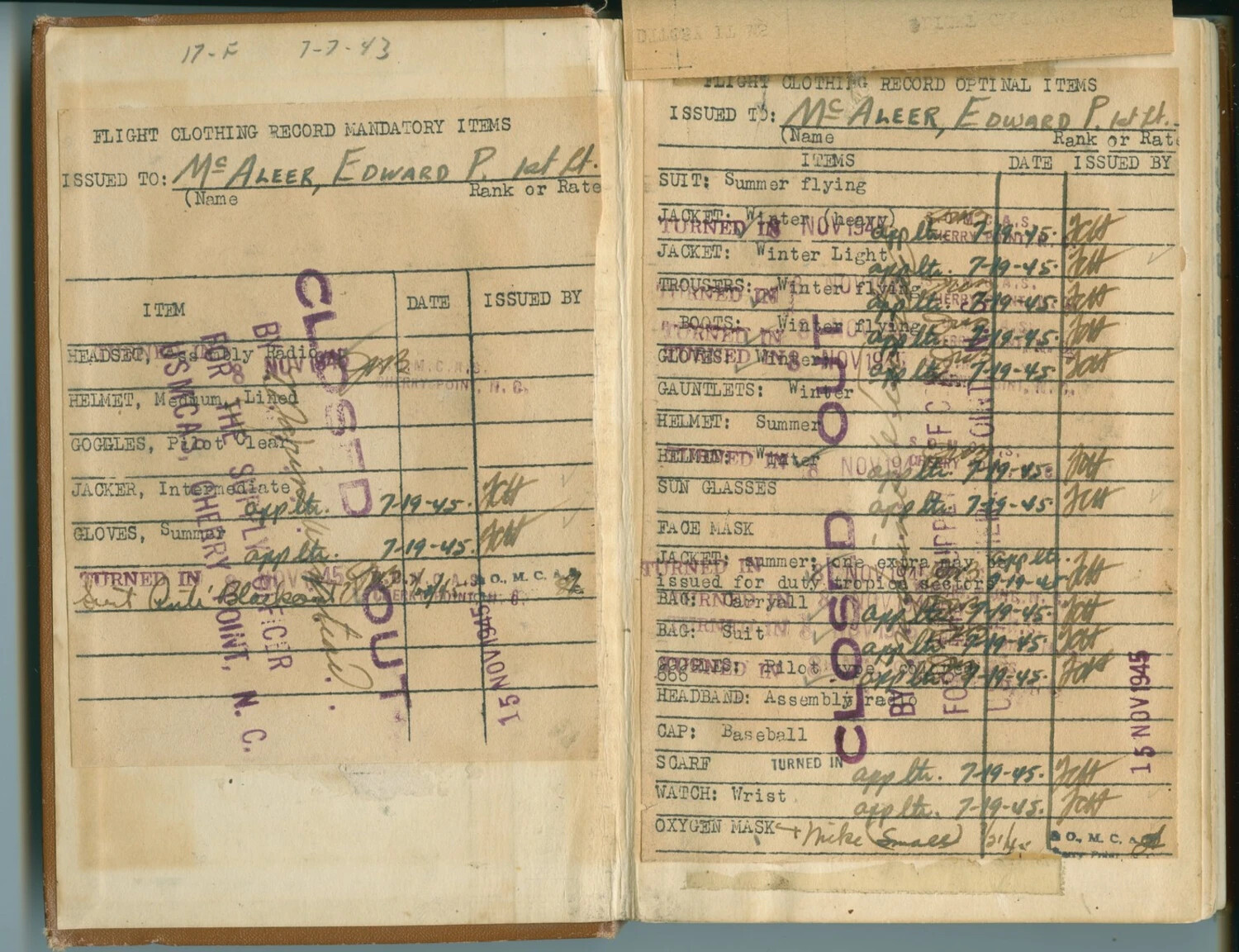 Flight Clothing Record Pages, Log Book of 1st Lt. Edward P. McAleer, USMC, Cherry Point NC, 1943-1945