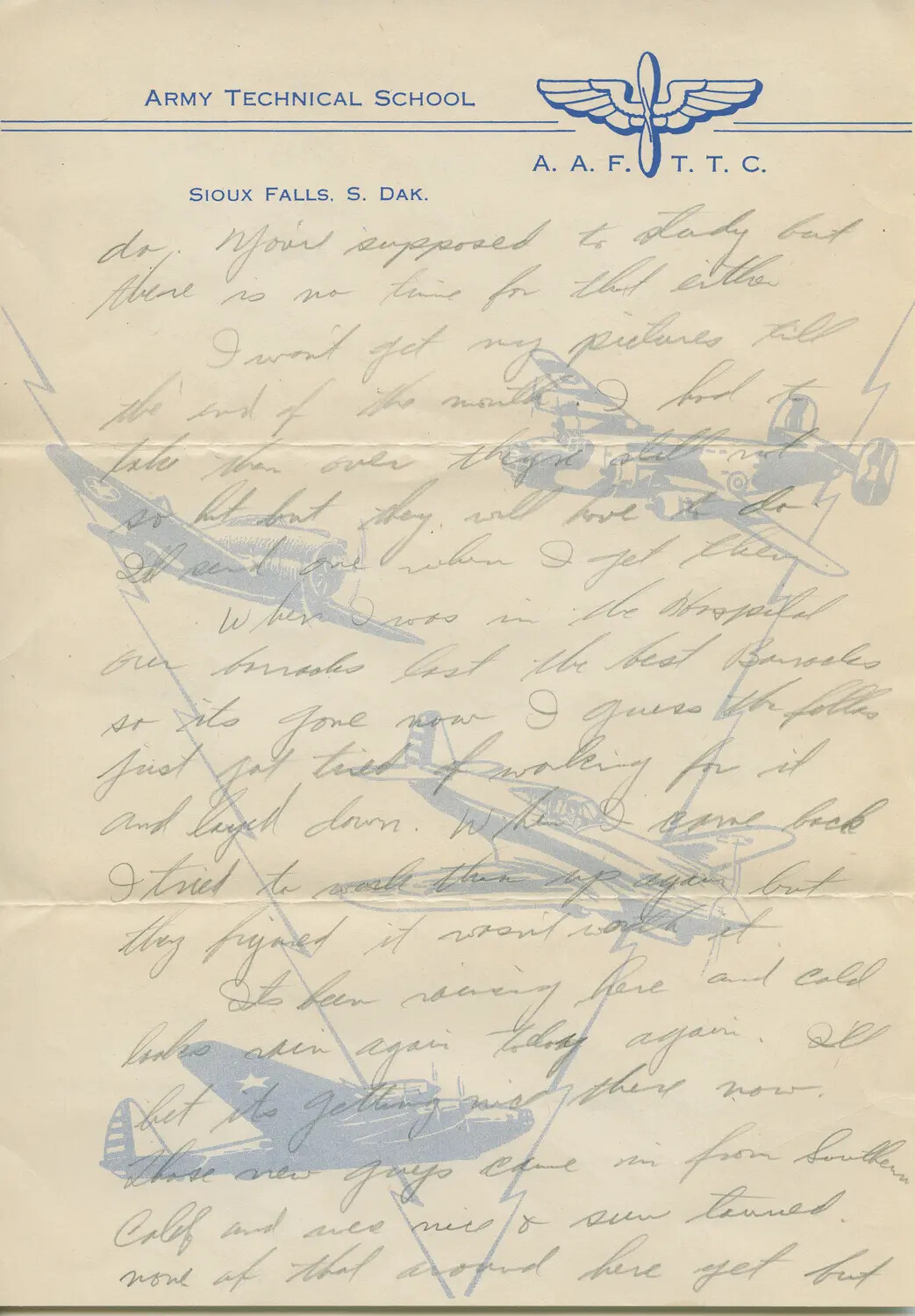 Handwritten Letter on Army Air Forces Technical Training Command Letterhead, Sioux Falls, South Dakota, WWII (Margaroli Correspondence)